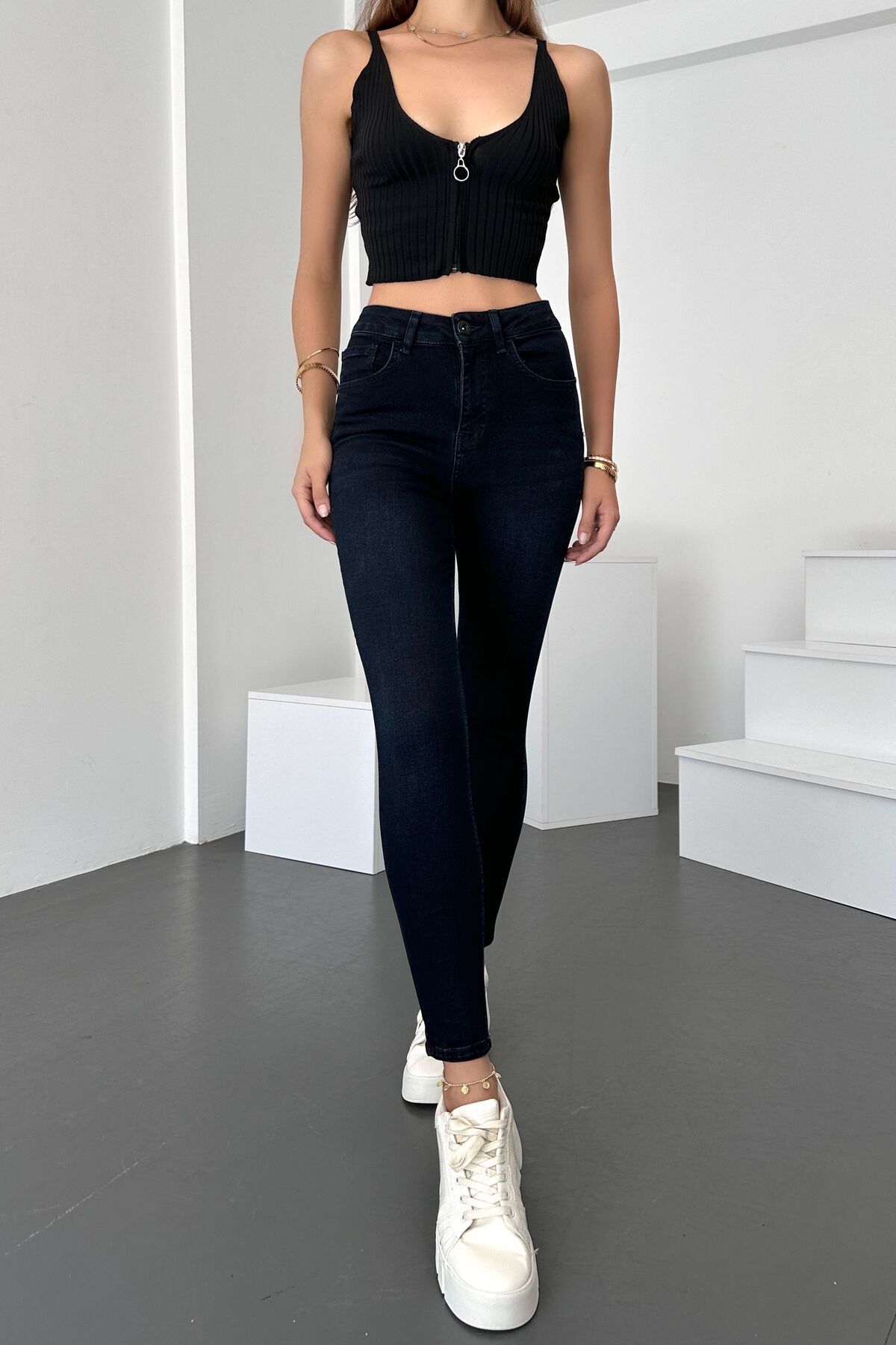 HLT JEANS Kadın Süper Skinny Fit Esnek Likralı Yüksek Bel Denim Jean Kot Pantolon YENİJENNİE-BLUE BLACK-K