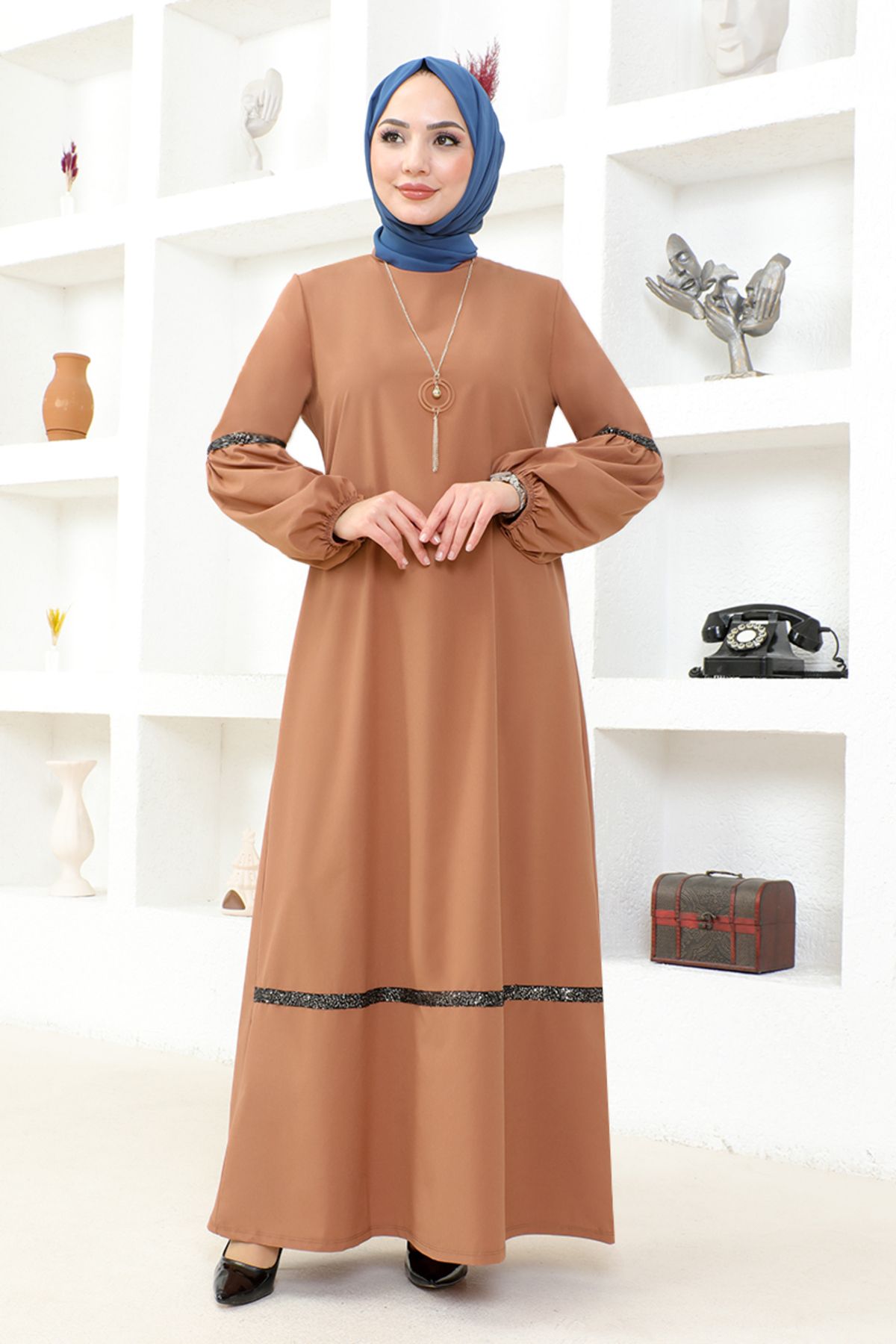 ModaMerve Kolyeli Elbise ASM2676 Taba