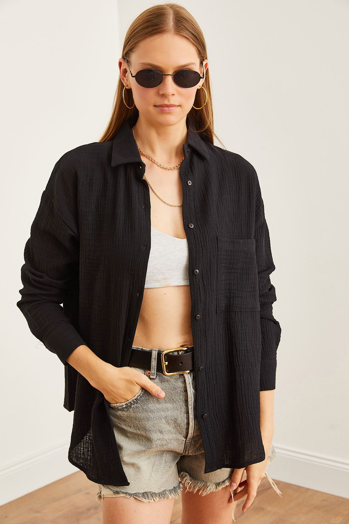 Olalook Kadın Siyah Oversize Basic Müslin Gömlek GML-19001217