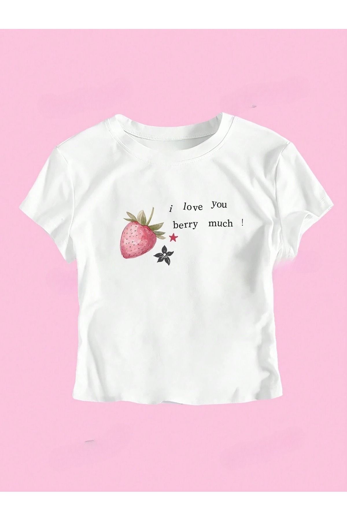 over head oh Kadın Beyaz Y2K I Love Berry Baskılı Bayb Tee Crop