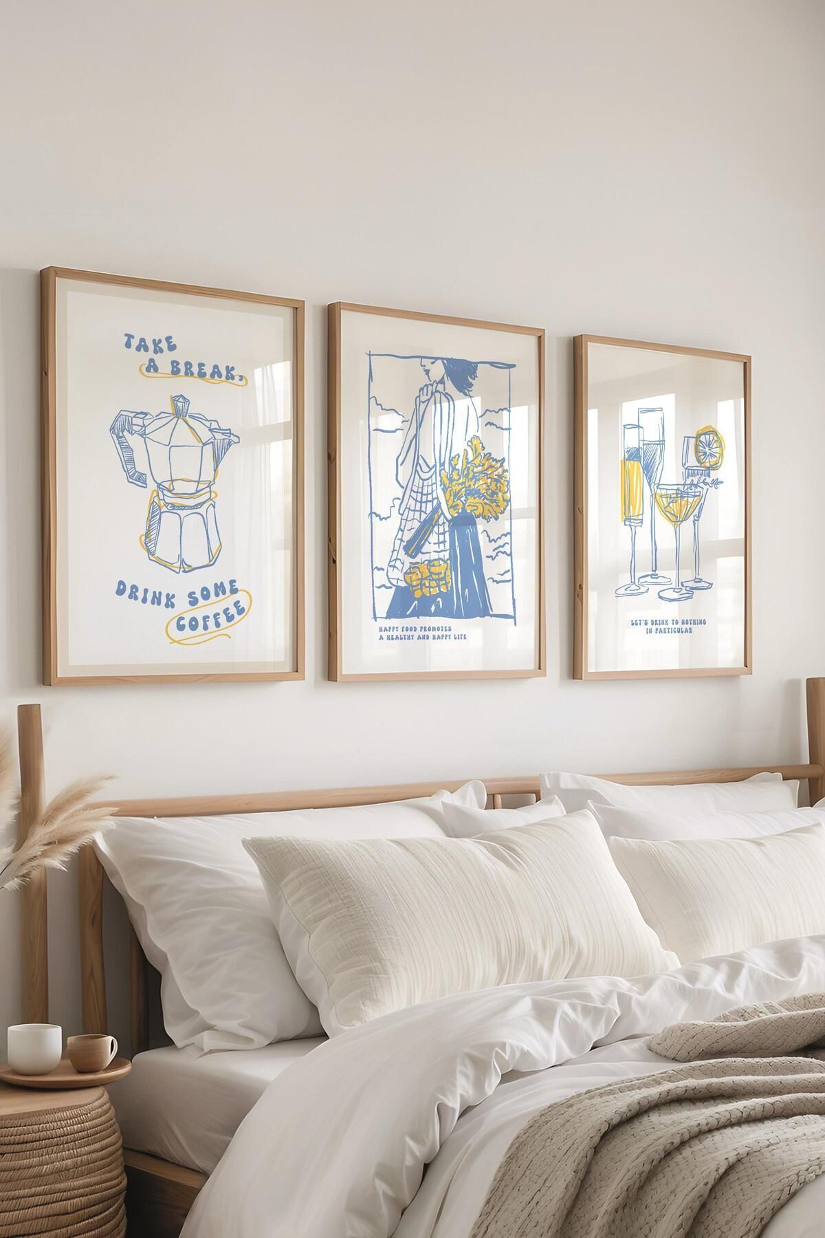 postifull Minimalist Tablo Seti, 3 Adet Ahşap Çerçeve ve Poster - Yatak Odası, Salon, Mutfak Duvar Dekoru