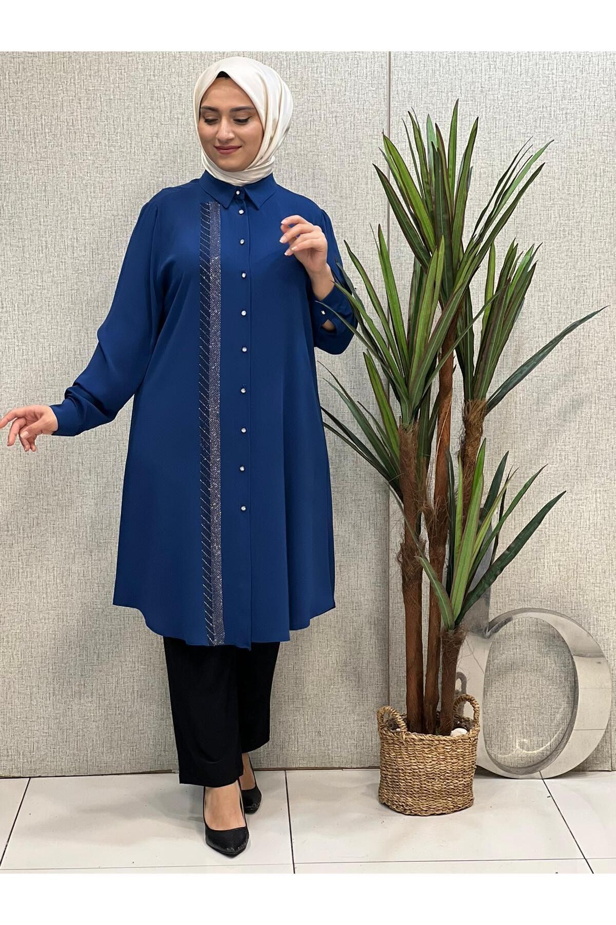 Butik büyük beden Sağ Tarafı Taş Yapıştırma Tunik