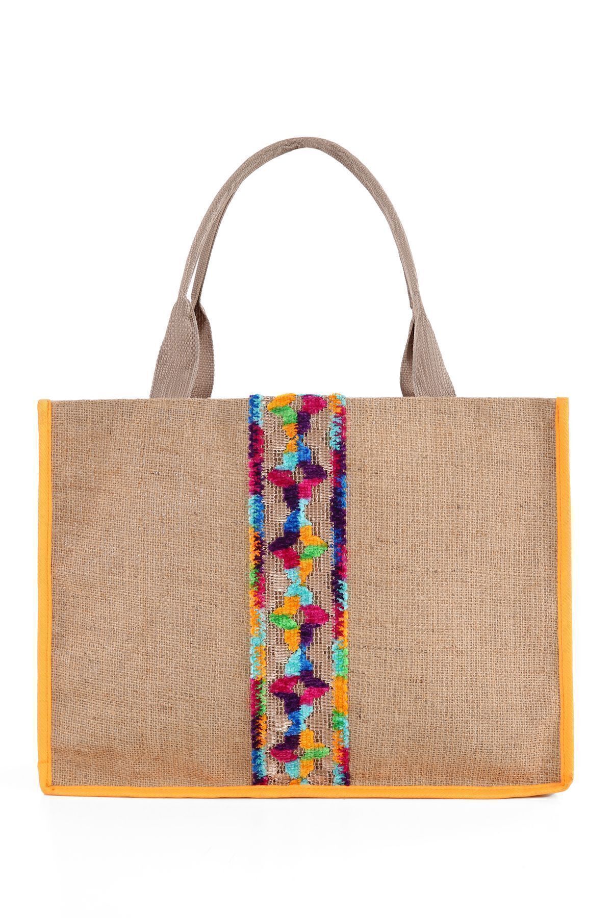QUTBAG Kadın Plaj Çantası Jüt Etnik Desen Beacwear Swimwear Bag