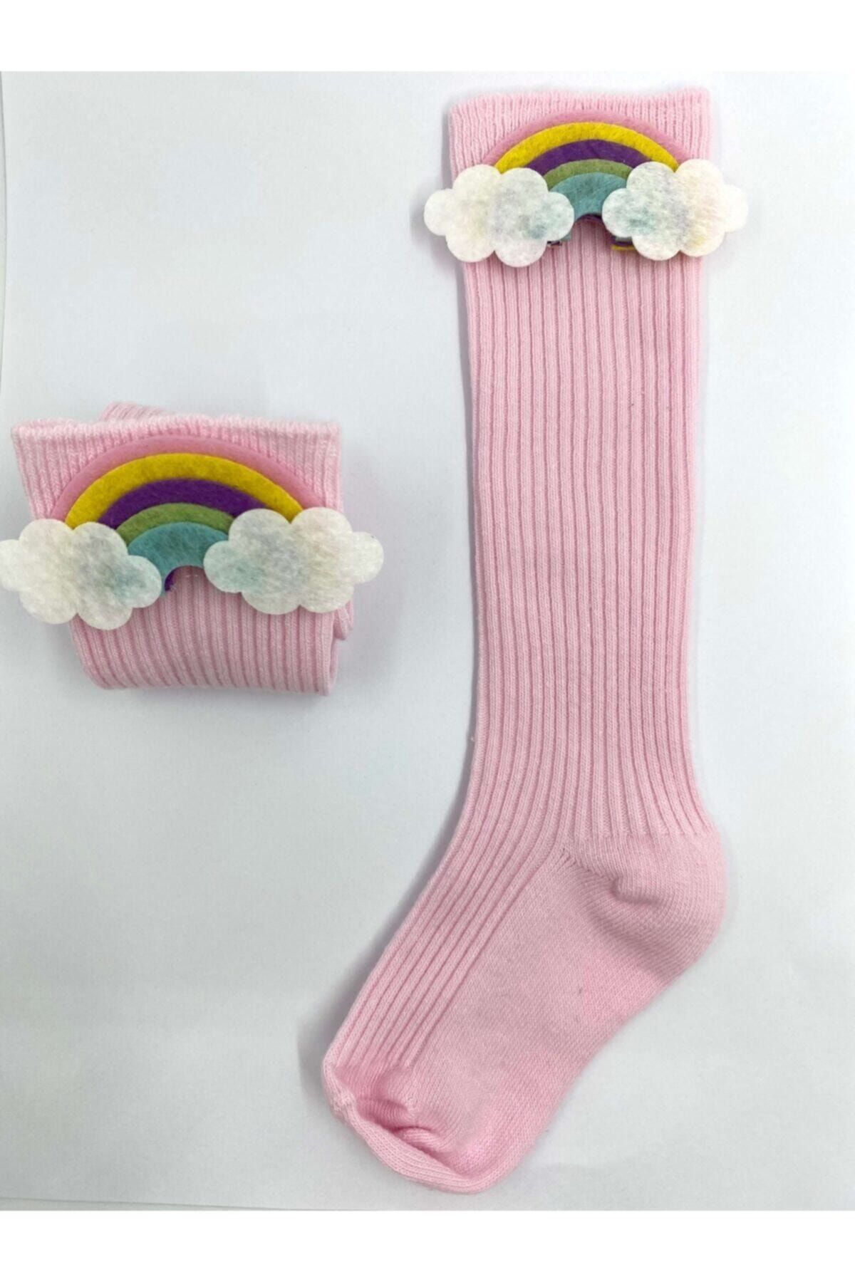 Burcu Atölye Kız Bebek Pembe Gökkuşağı Figürlü Diz Altı Çorap