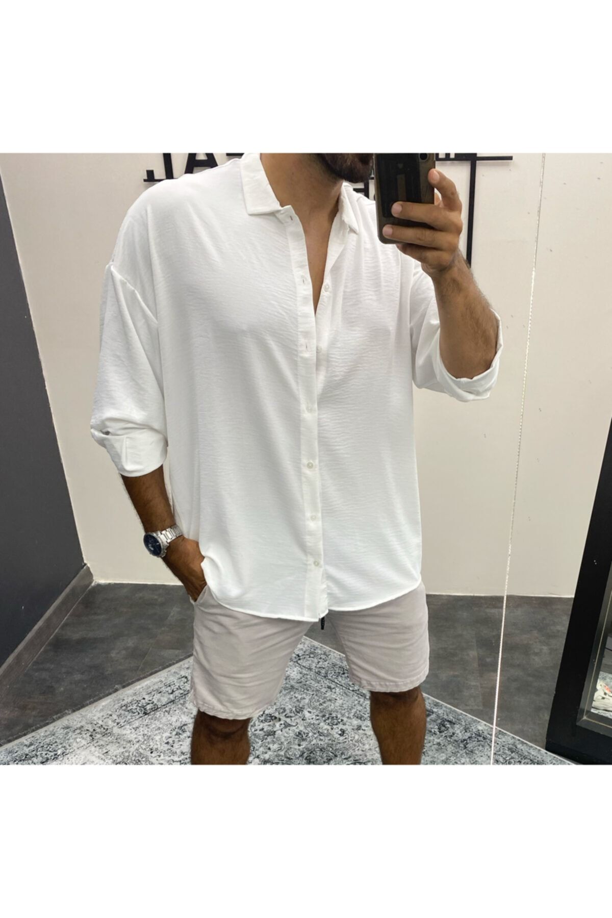 BEYMODA Yazlık Keten Bol Kalıp Uzun Kollu Dokulu Oversize Beyaz Erkek Gömlek