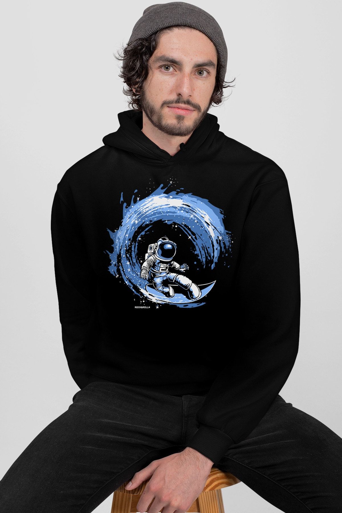 ROCKANDROLL Erkek Siyah Galaktik Sörfcü Kapüşonlu Sweatshirt