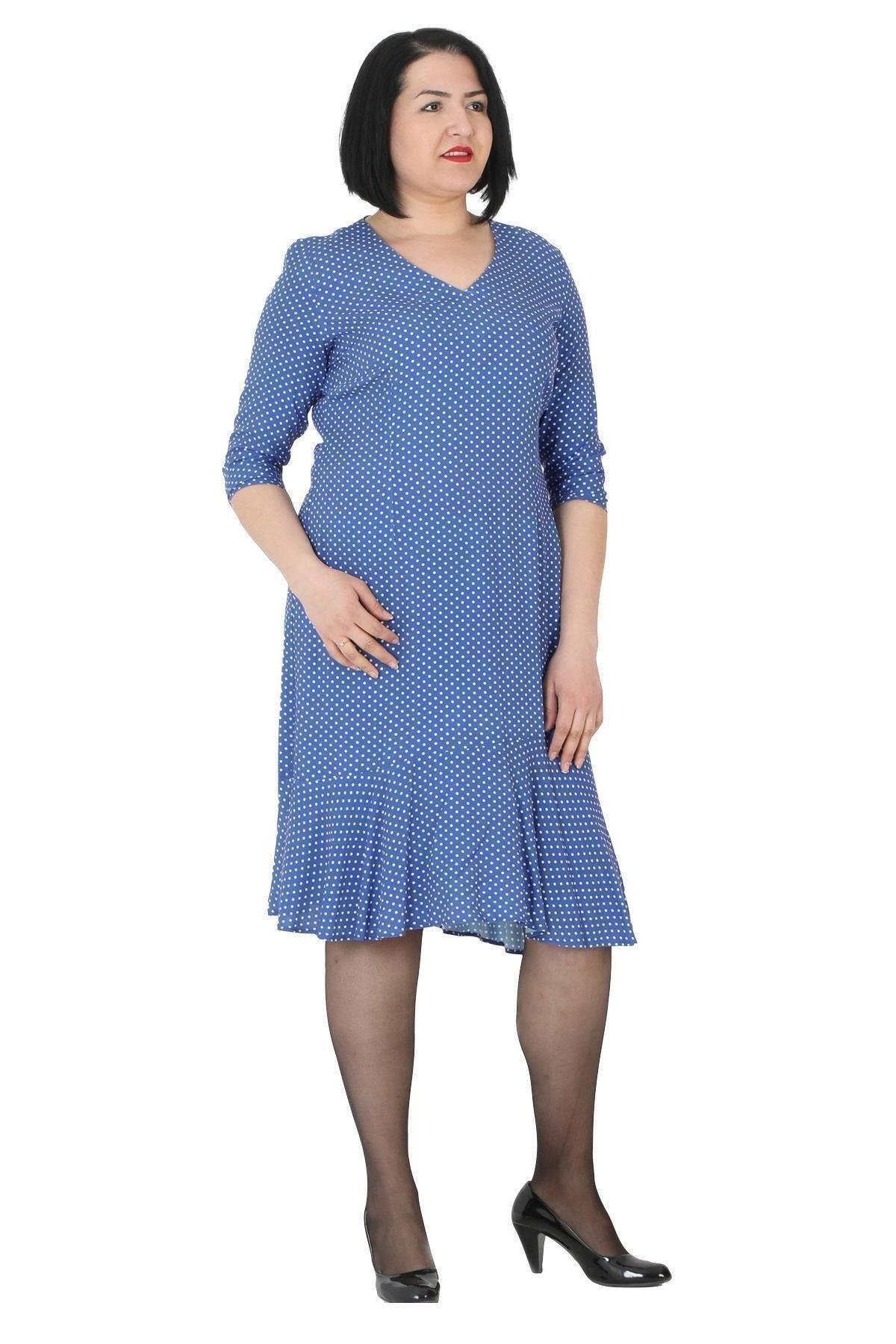 FİERTE Kadın Büyük Beden Elbise Ccçiçil V Yaka Truvakar Kol Volan Etek Puantiye Spor Diz Altı Mavi