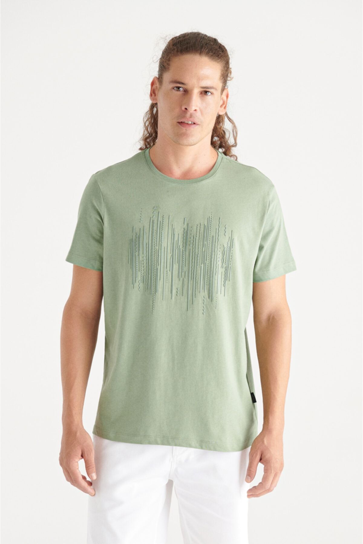 Avva Erkek Nil Yeşili Bisiklet Yaka Baskılı Slim Fit T-shirt A11y1212