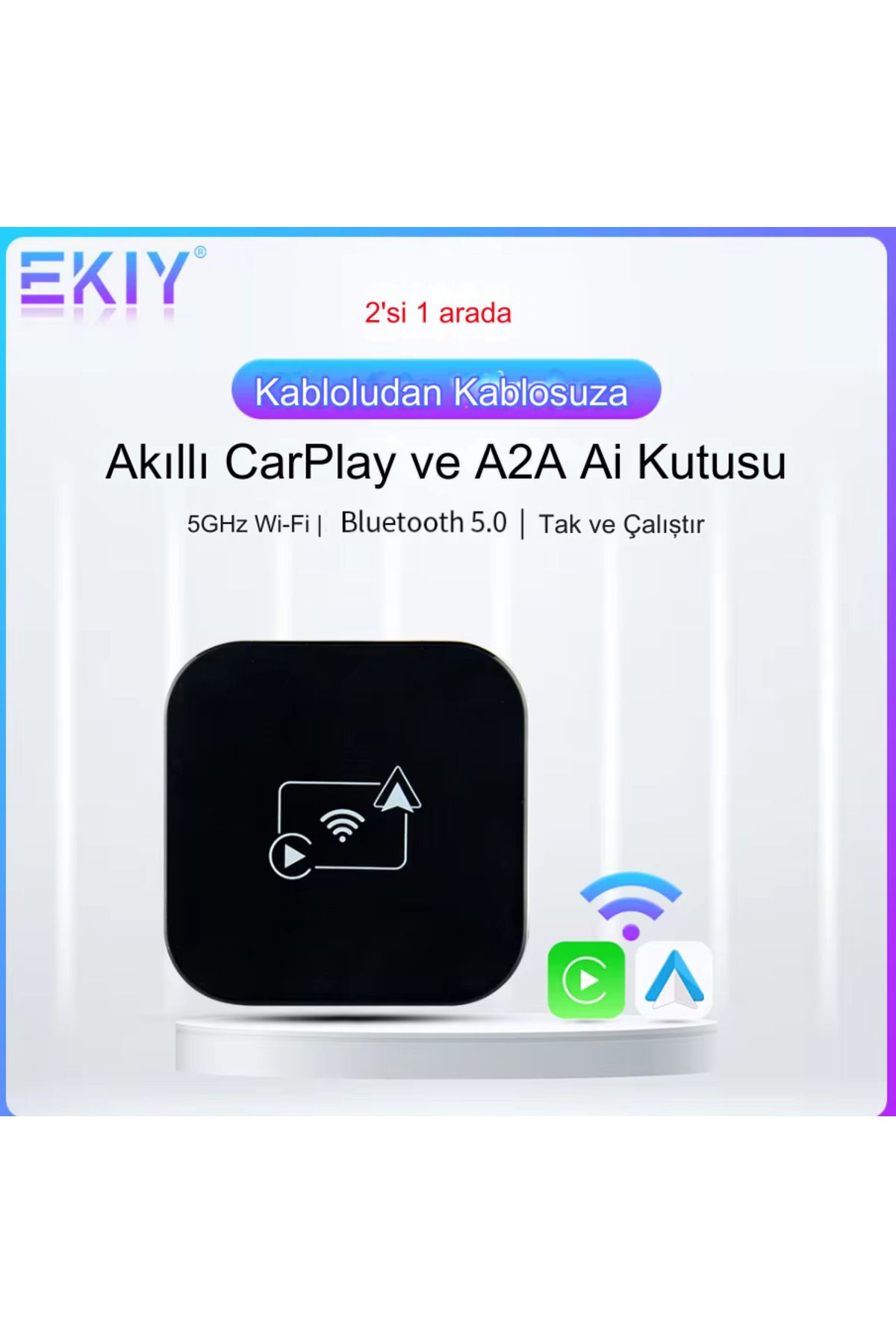 EKİY 2si1 Arada Tak Çalıştır Kablosuz Carplay & Android Auto Adaptörü Mini WiFi Bluetooth Ai Box
