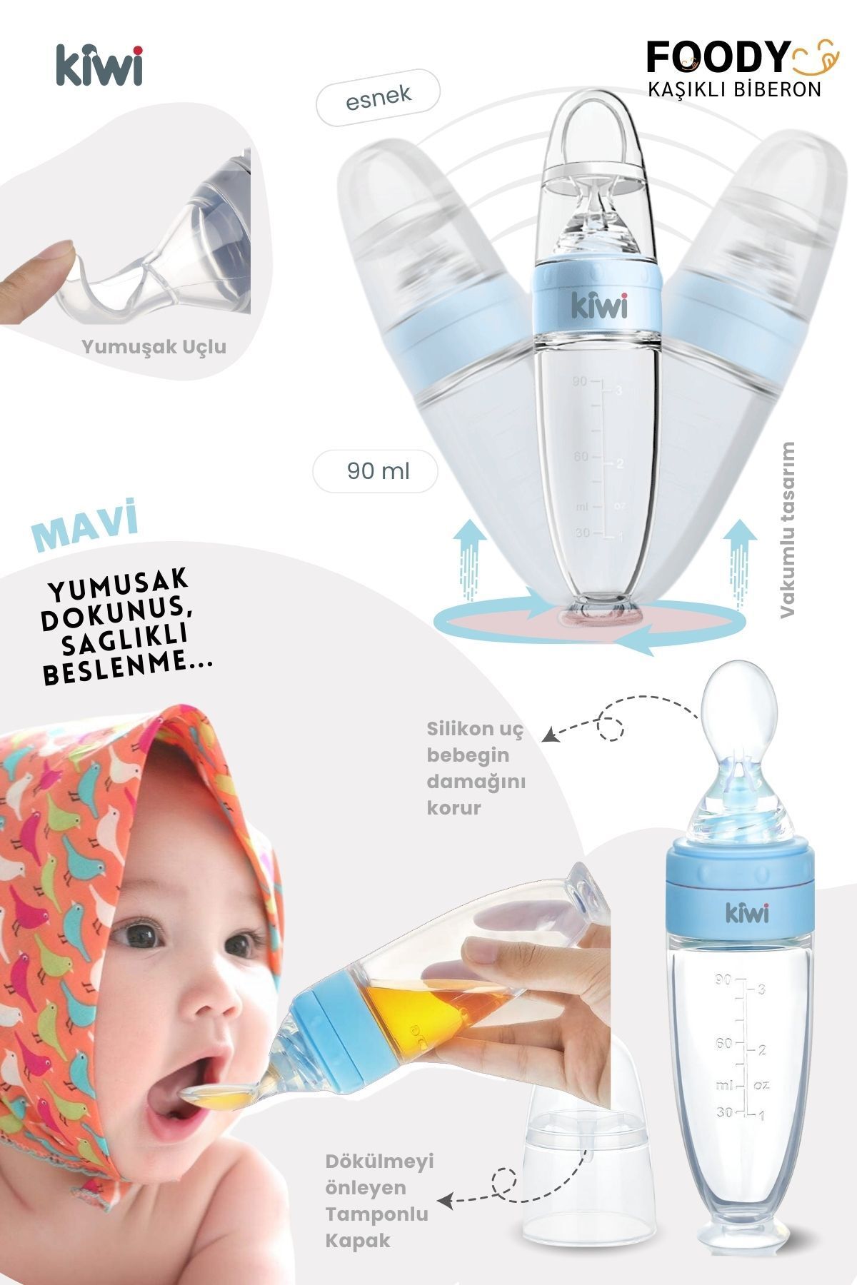Kiwi Foody Bebek Ek Gıda Mama Beslenmesi için Kaşık Biberon, Silikon, Sızdırmaz Kapak, Antikolik, 90ml