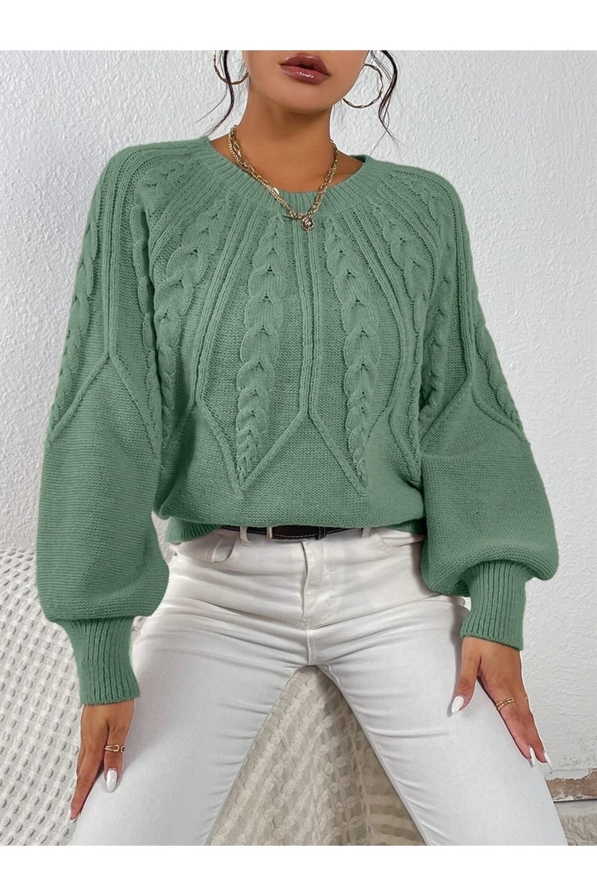 AQE FASHION Saç Örgülü Bisiklet Yaka Italyan Kol Triko Mint Kazak