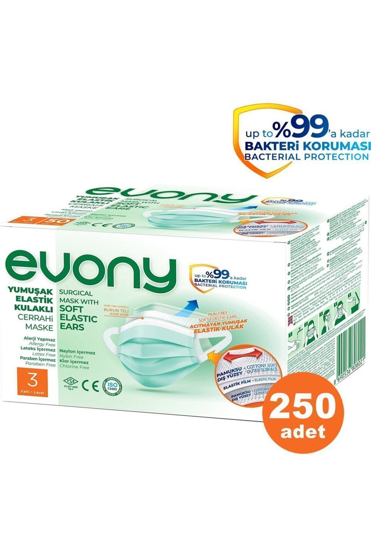 Evony Yumuşak Elastik Kulaklı 3 Katlı Telli Cerrahi Maske 250 Li