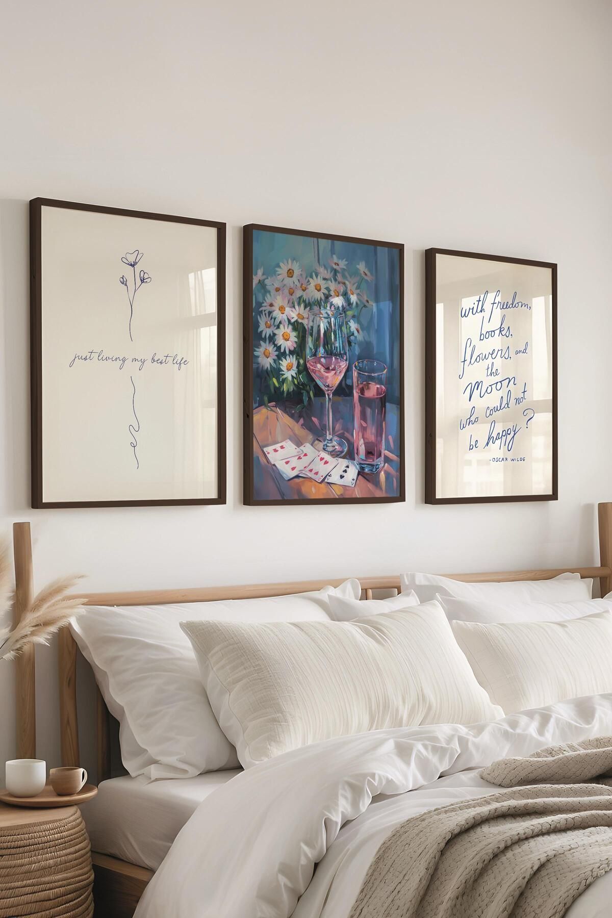 postifull Soft Mavi Tablo Seti, 3 Adet Siyah Çerçeve ve Poster - Yatak Odası, Mutfak, Salon Duvar Dekoru