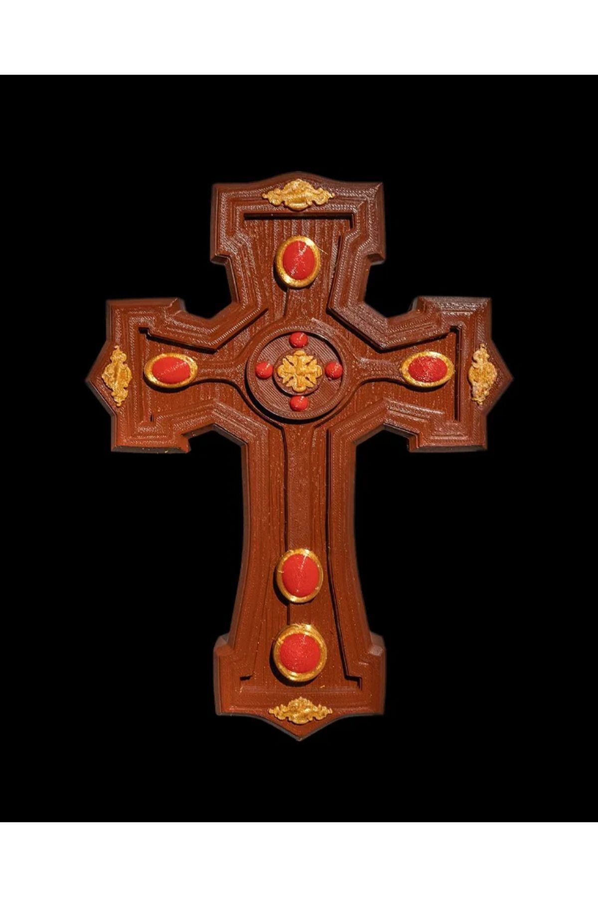 CNQR CRAFT ATELIER Carved Cross Haç İşareti Moğol Boyalı Figür 15cm