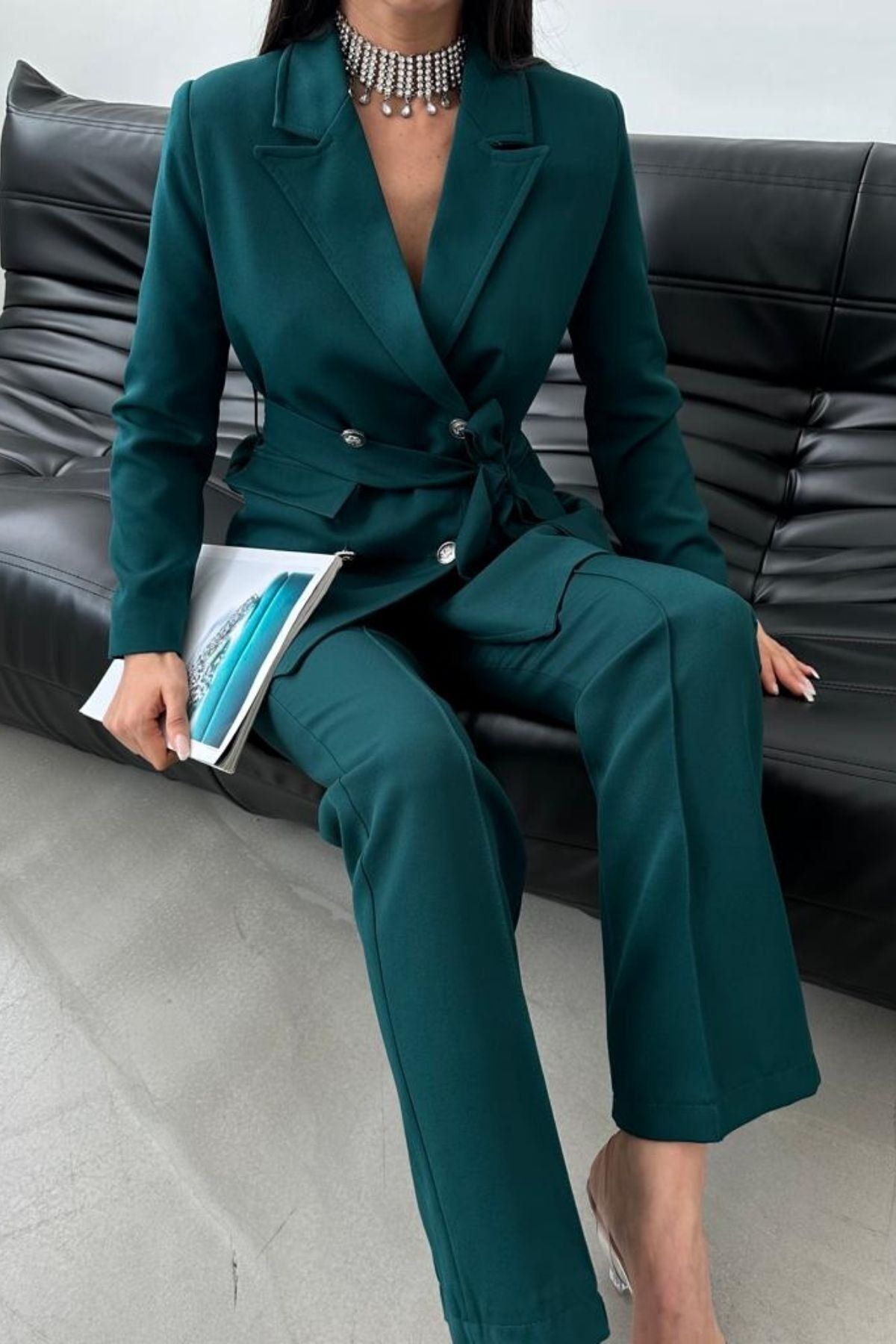 MYGİYİMİSTANBUL Bağlamalı Blazer Ceket Pantolon Takım