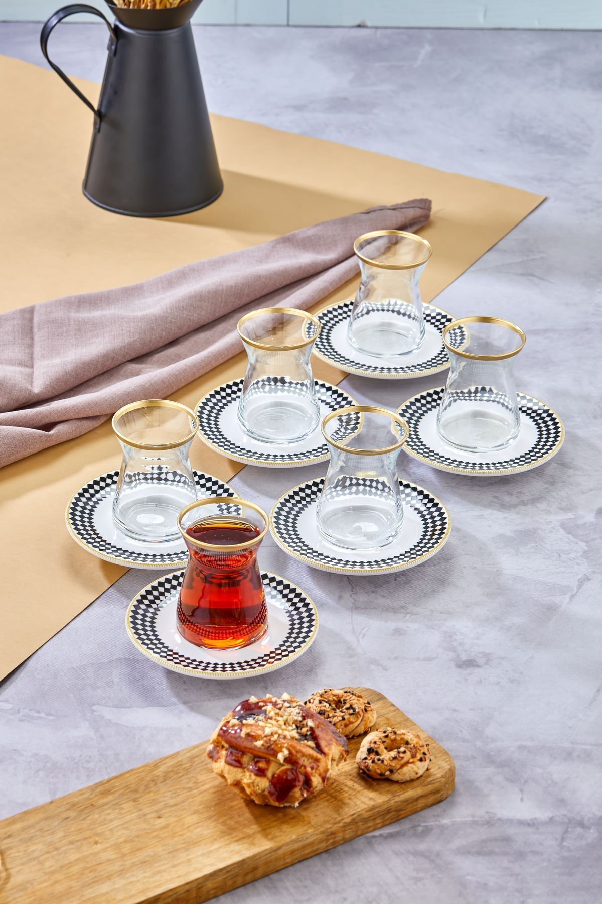 modaliving kare motif 12 Parça 6 Kişilik Çay Bardağı Seti, Çay Takımı