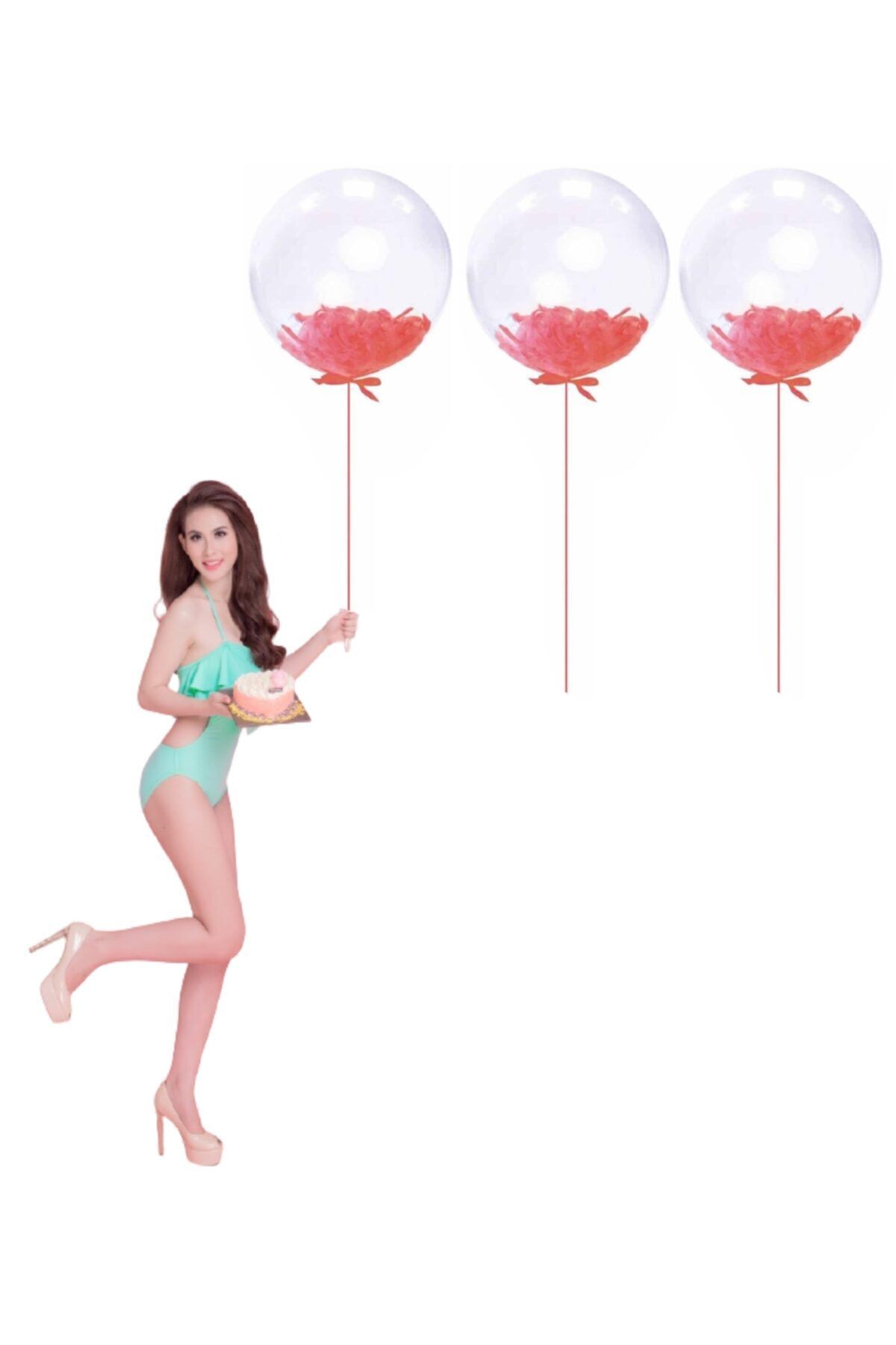 Happyland Kırmızı Tüylü Şefffaf Cam Transparan Balon 3 Adet
