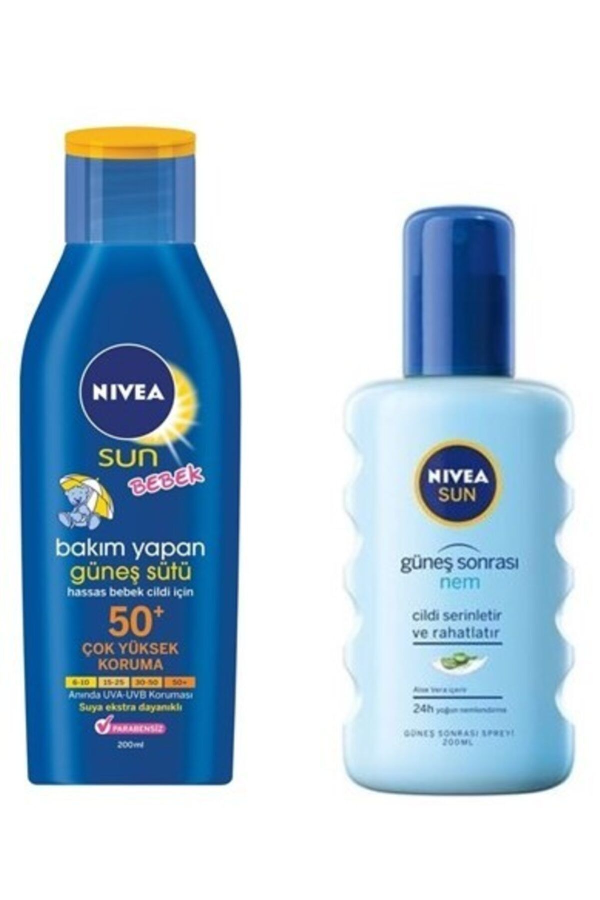 NIVEA Bebek Hassas Cilt Güneş Sütü 50 Faktör Tam Koruma 200ml + Sun Güneş Sonrası Sprey 200 Ml