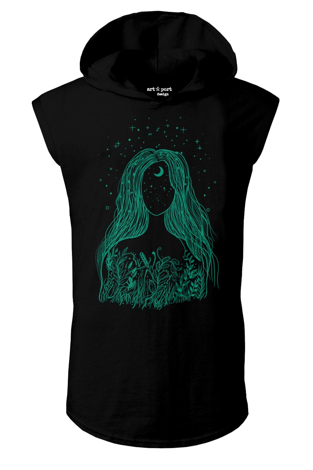Artaport Design Unisex Siyah Dreamoon Tasarım Kapşonlu Kolsuz T-shirt