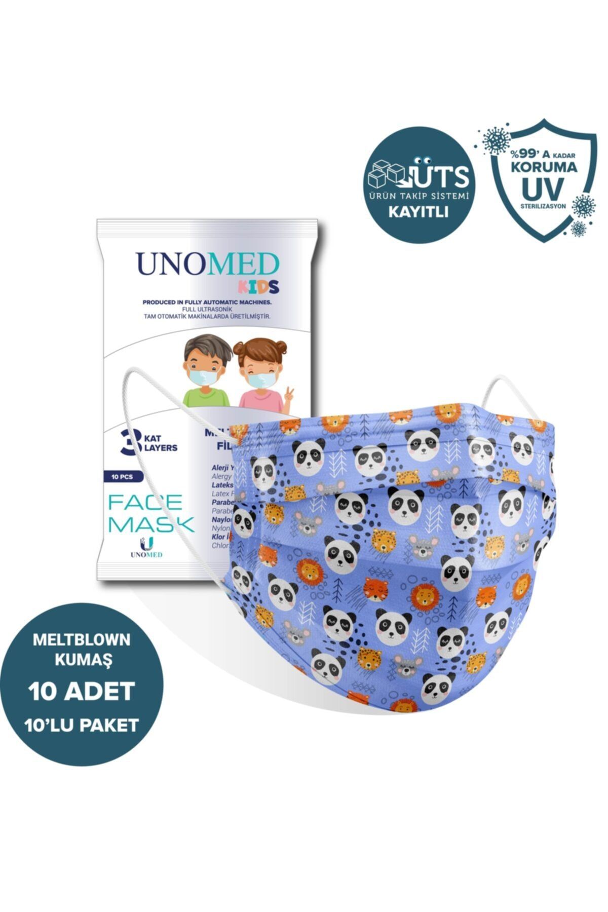 UNOMED Kid's Animals 3 Katlı Ultrasonik Meltblown Filtreli 10'lu 10 Paket Cerrahi Maske-burun T