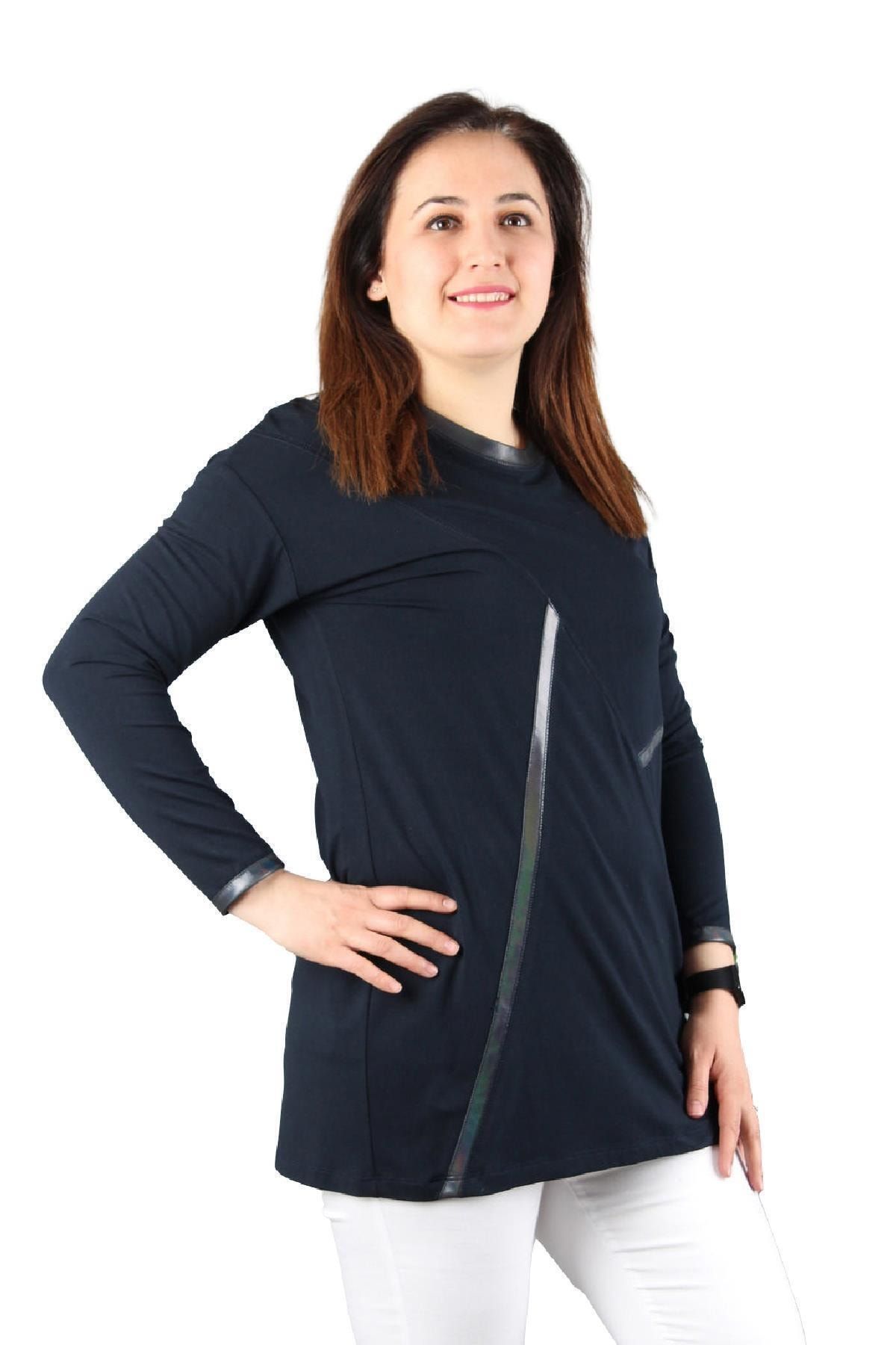 Genel Markalar Kadın Büyük Beden Bluz Lm44150 O Yaka Deri Detay Pamuk Uzun Kol-lacivert