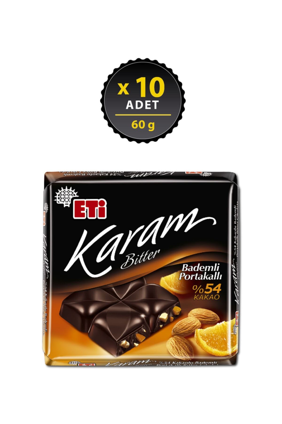 Eti Karam %54 Kakaolu Bademli Portakallı Bitter Çikolata 60 g x 10 Adet