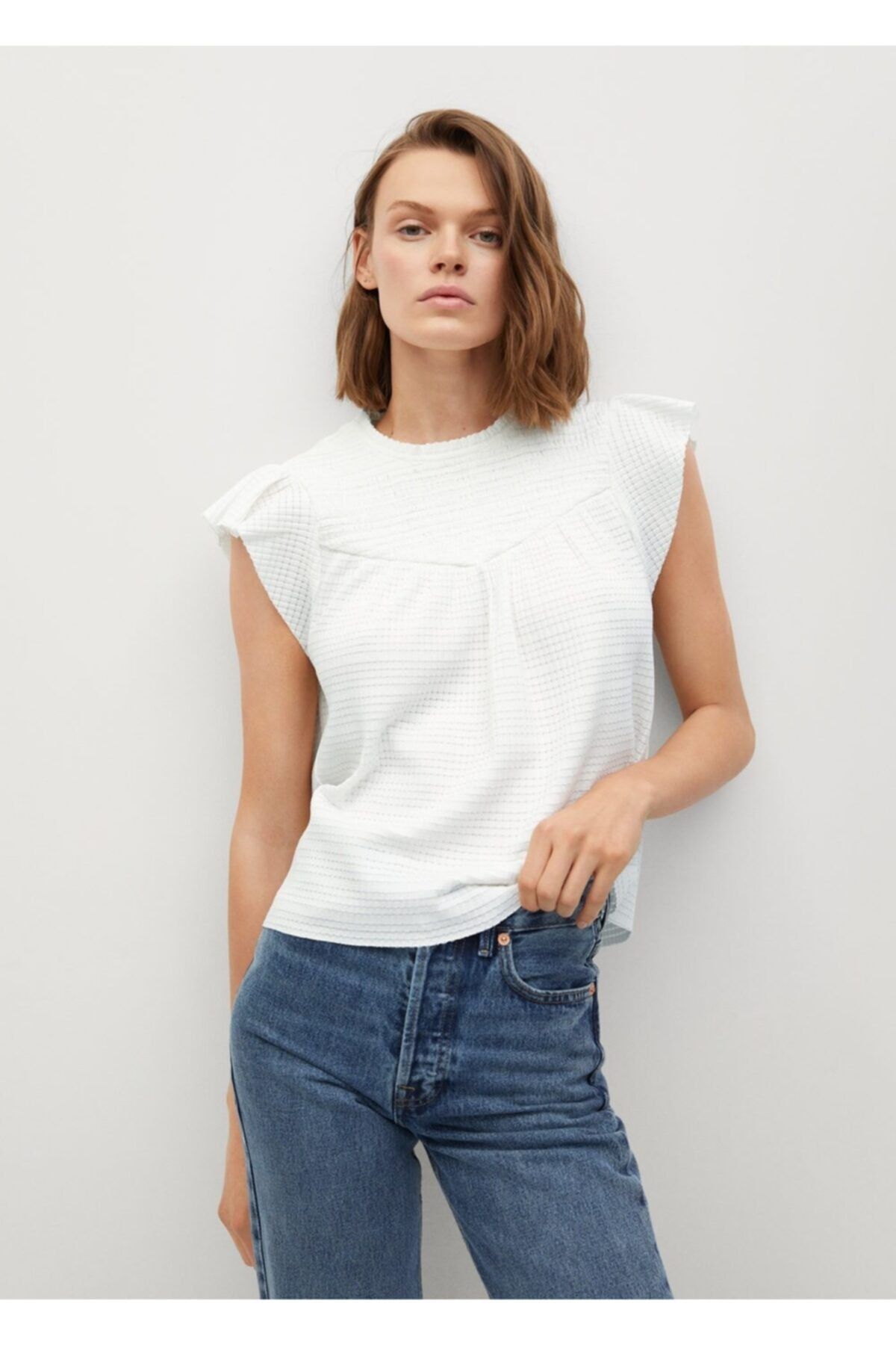 MANGO Kadın Kırık Beyaz Fırfırlı Dokuma T-Shirt