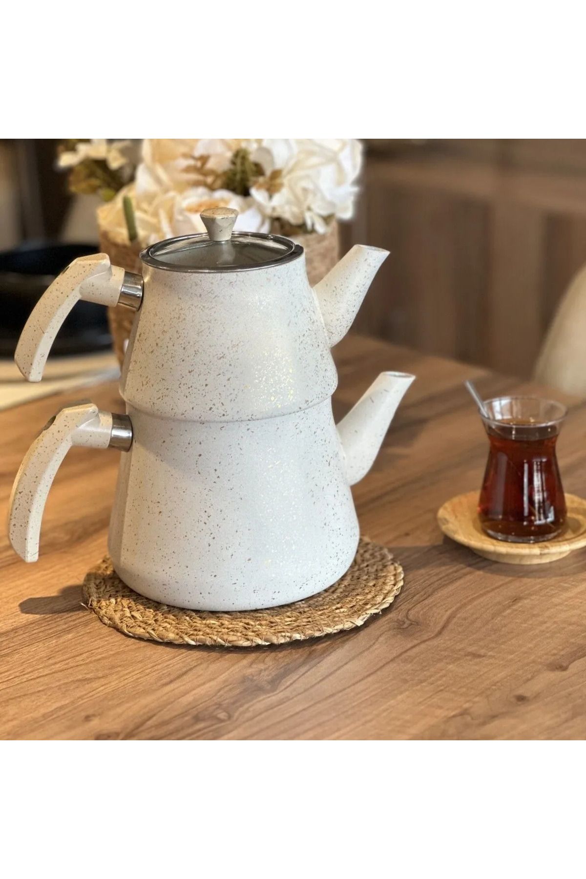 Yıldız çelik granit bakalit kulp krem çaydanlık