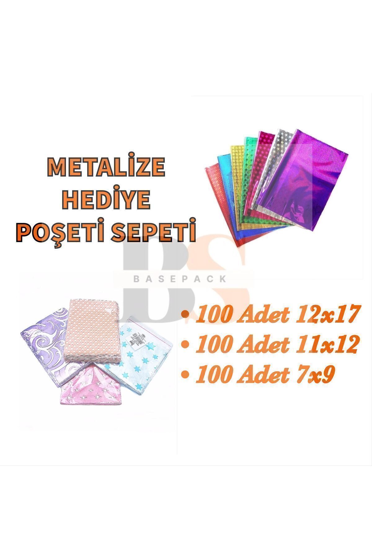 san Basepack Metalize Hediye Poşeti Paketi 100 Adet 7x9cm, 100 Adet 11x12cm, 100 Adet 12x17cm
