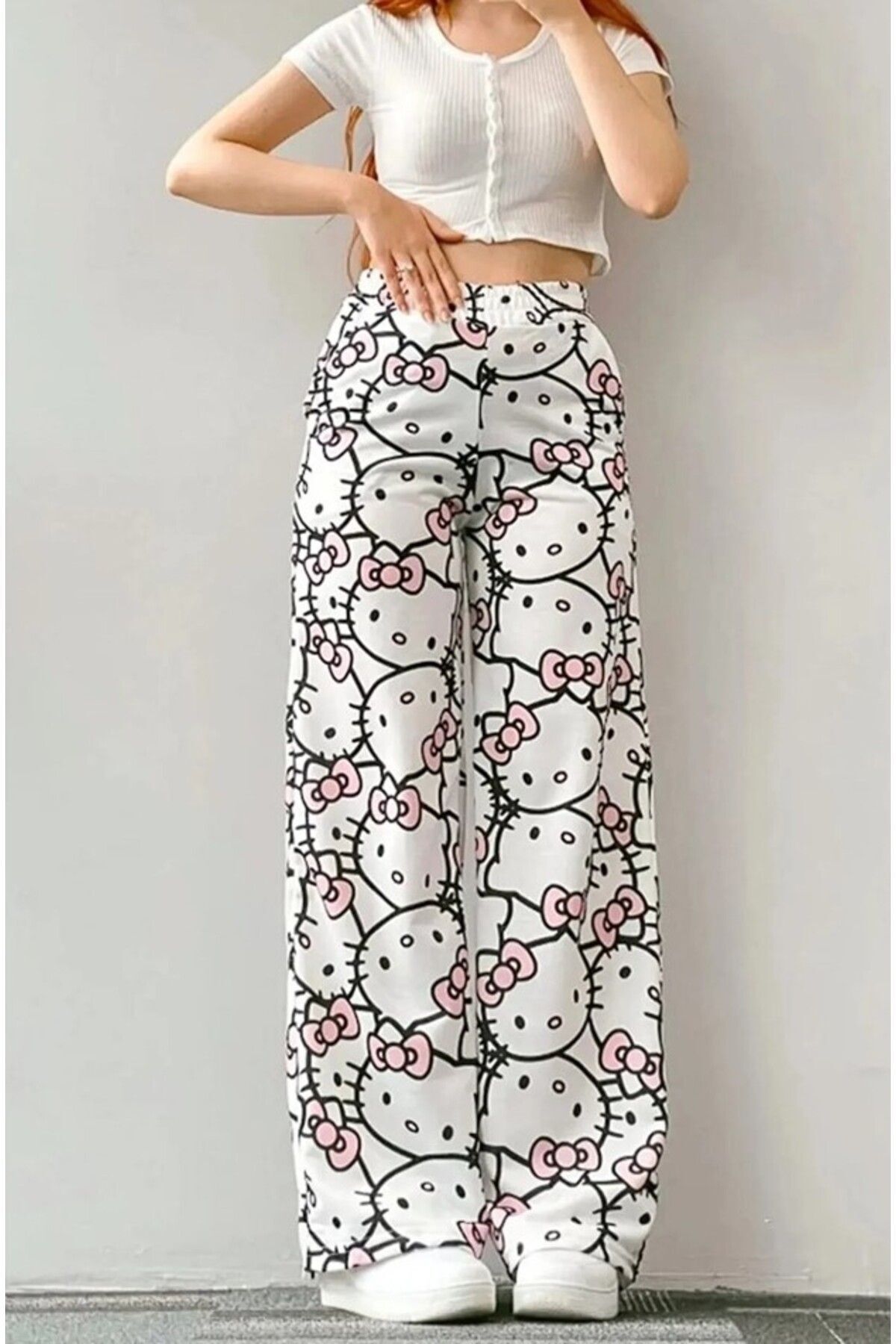 pandy Unisex Pembe Hello Kitty Cat Bol Paça Eşofman Altı