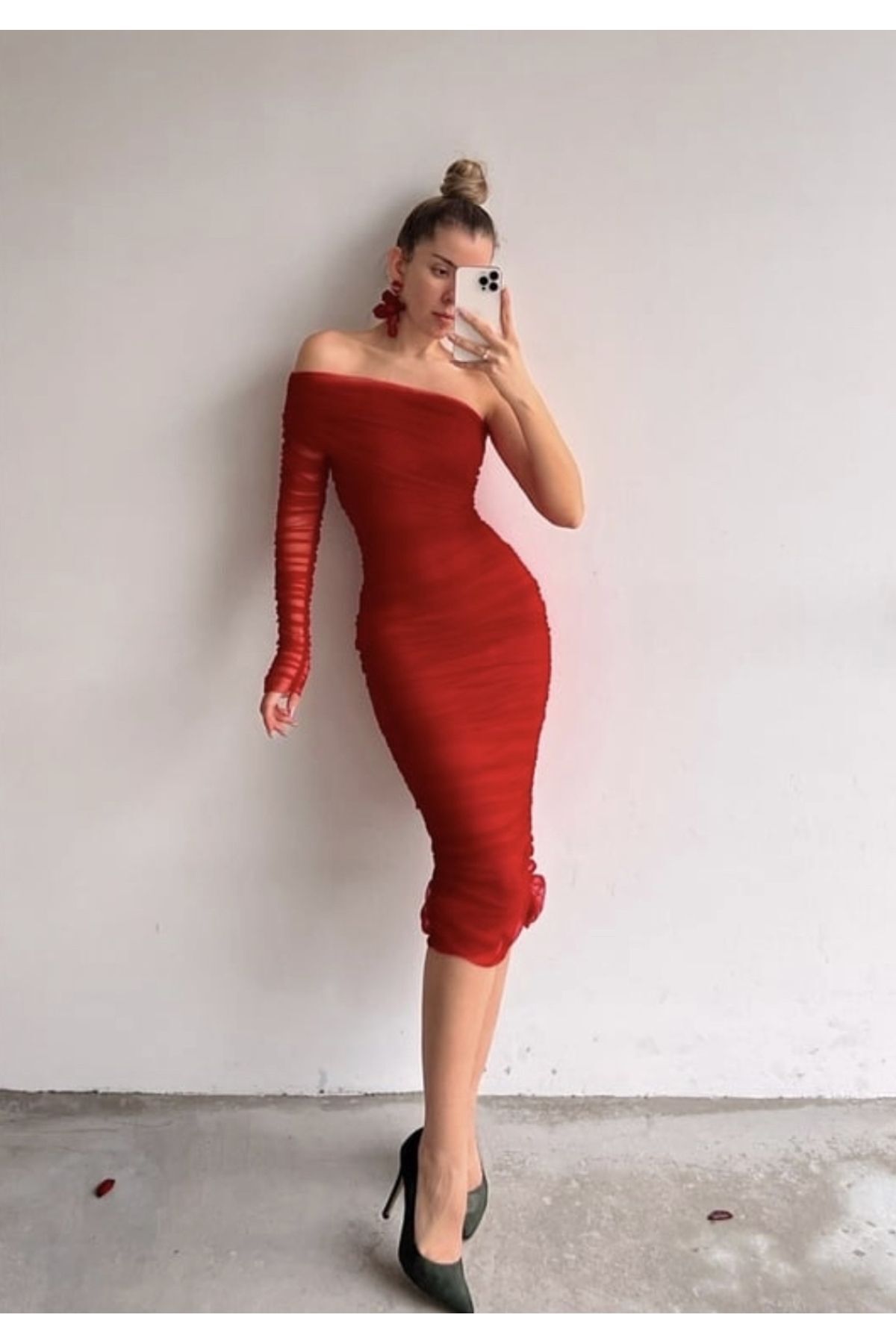 Afiş Butik Kırmızı Tek Omuz Tül Drapeli Elbise