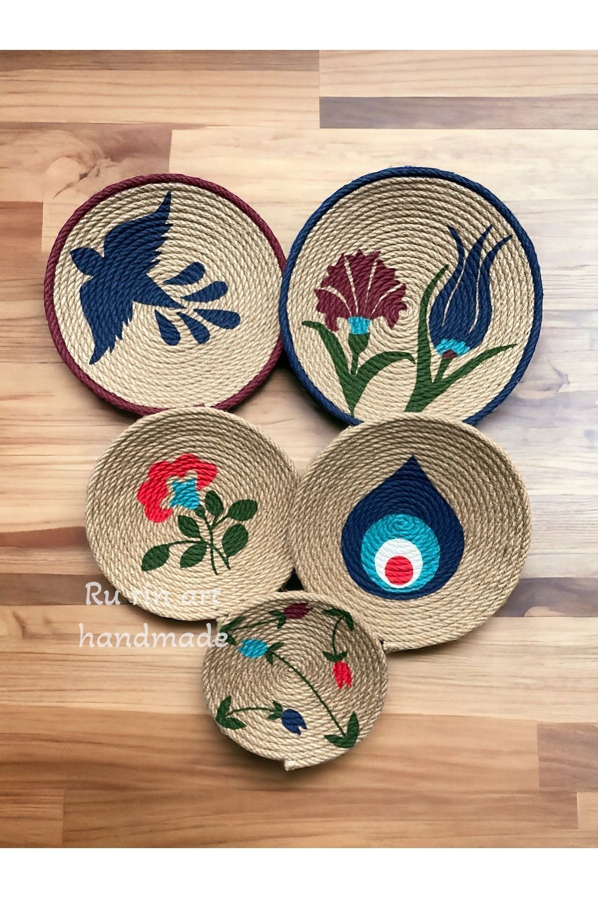 ru rin art handmade El yapımı 5’li çini, nazar boncuğu, etnik  bohem/boho hasır duvar tabağı seti/Afrikan tabak seti