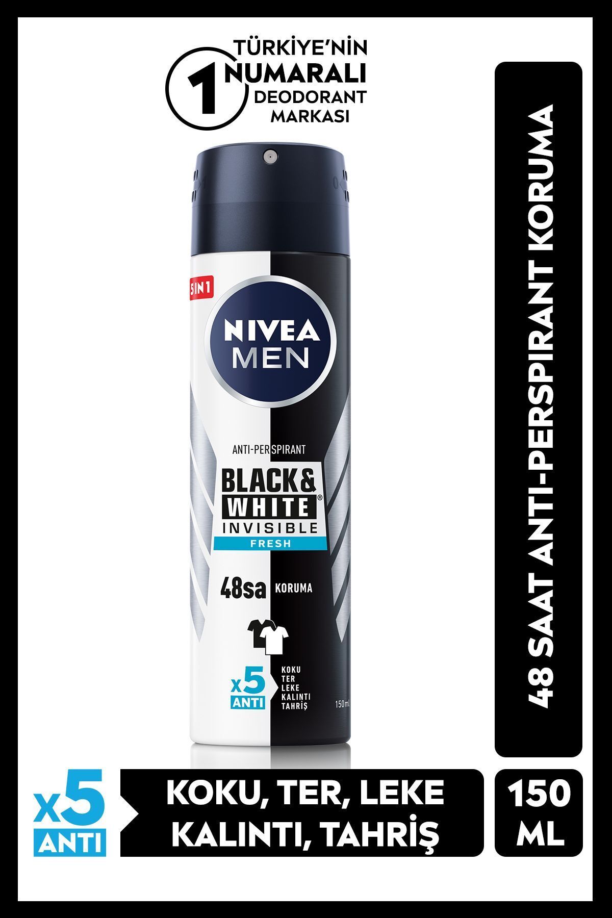 NIVEA MEN Erkek Sprey Deodorant Black&white Invisible Fresh 150ml, 48 Saat anti-perspirant Koruma