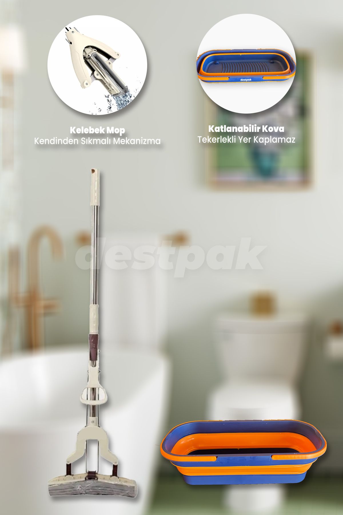 Destpak Kendinden Sıkmalı Kelebek Mop Seti - Katlanabilir Tekerlekli Akordiyon Kova - Süper Emici Sünger