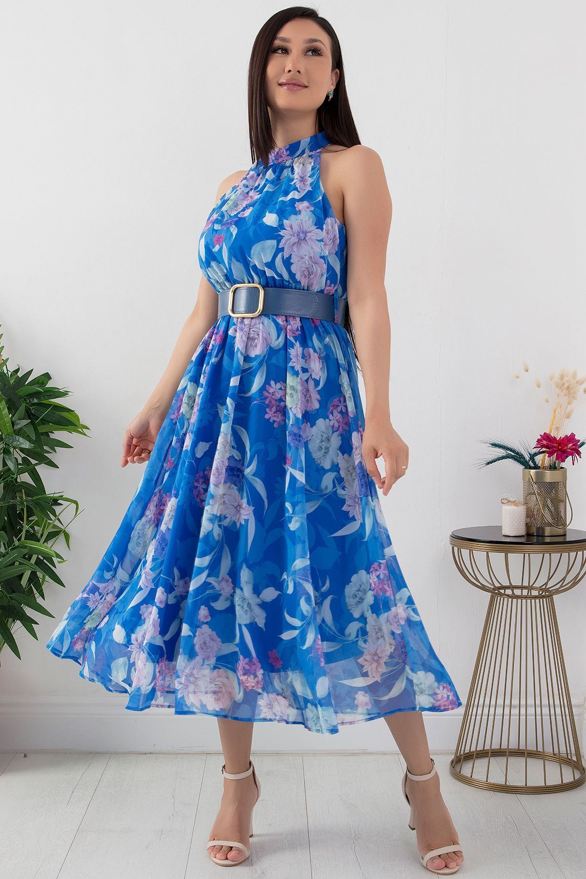 PULLIMM Halter Yaka Midi Çiçekli Elbise GRS3432