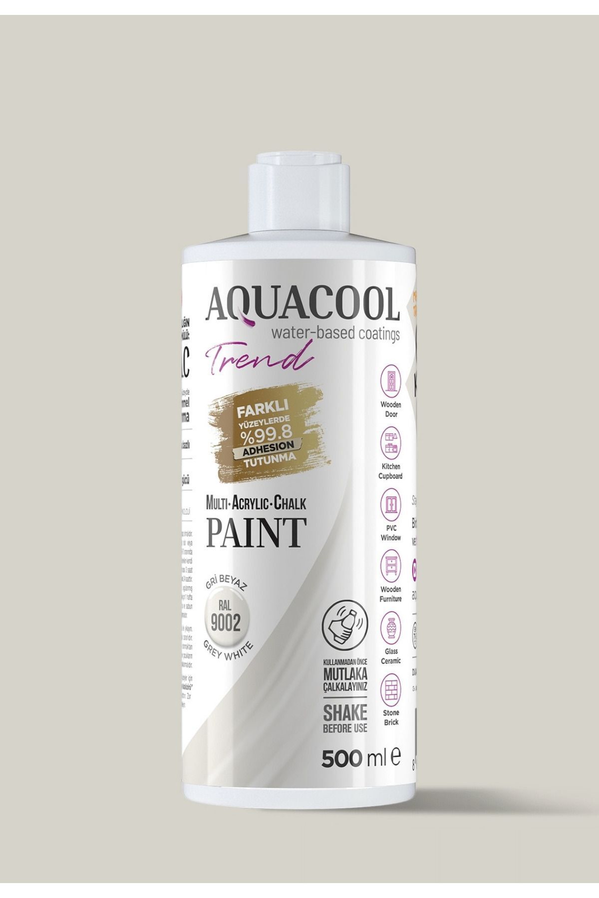 Aquacool Trend Akrilik Hobi Boya 500 ml Su Bazlı Hibrit Dönüşüm Boyası Ral 9002 Gri Beyaz