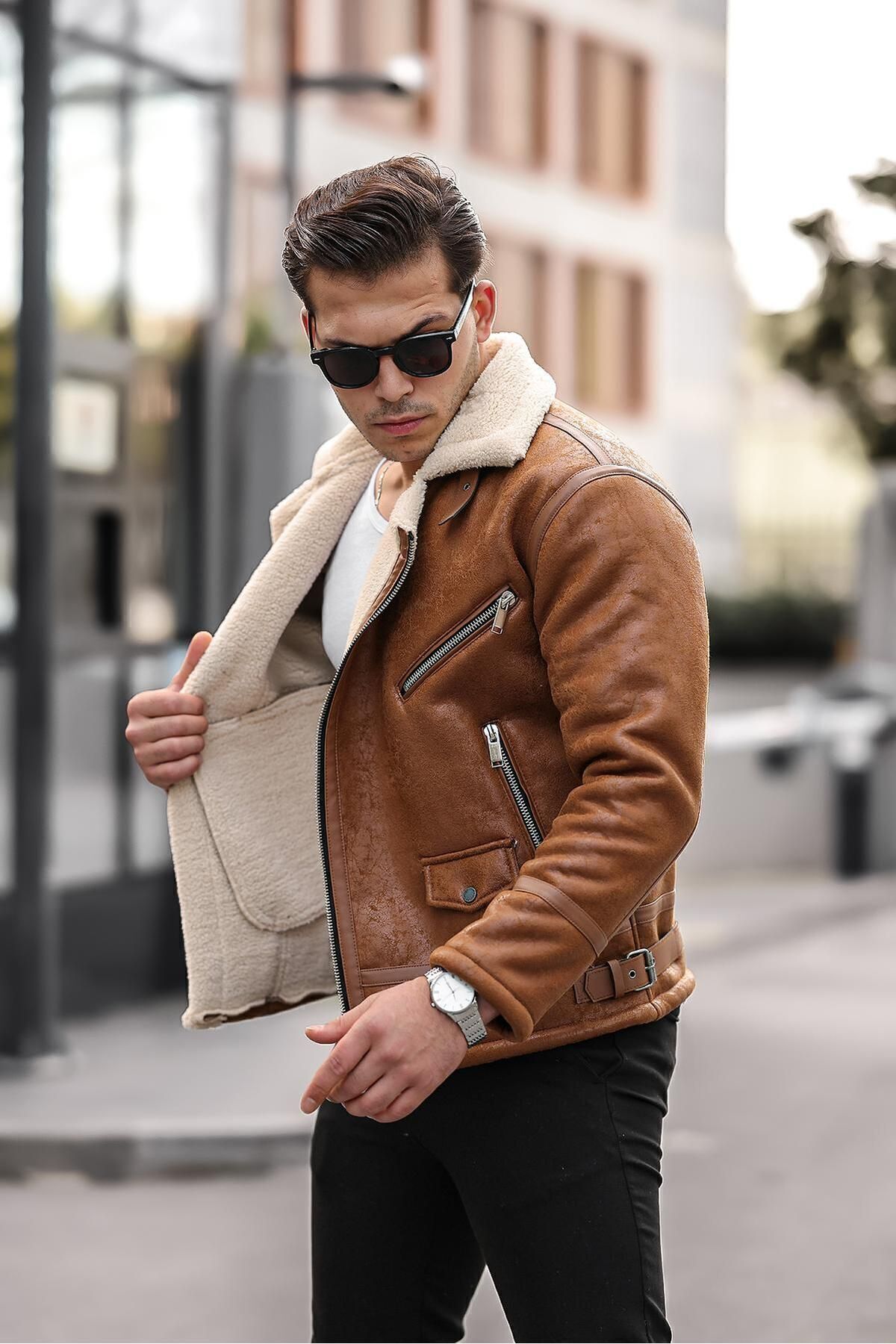 Mero Life Erkek Napa Deri İçi Full Kürklü Yüksek Kalite Slim Fit Taba Mont & Ceket