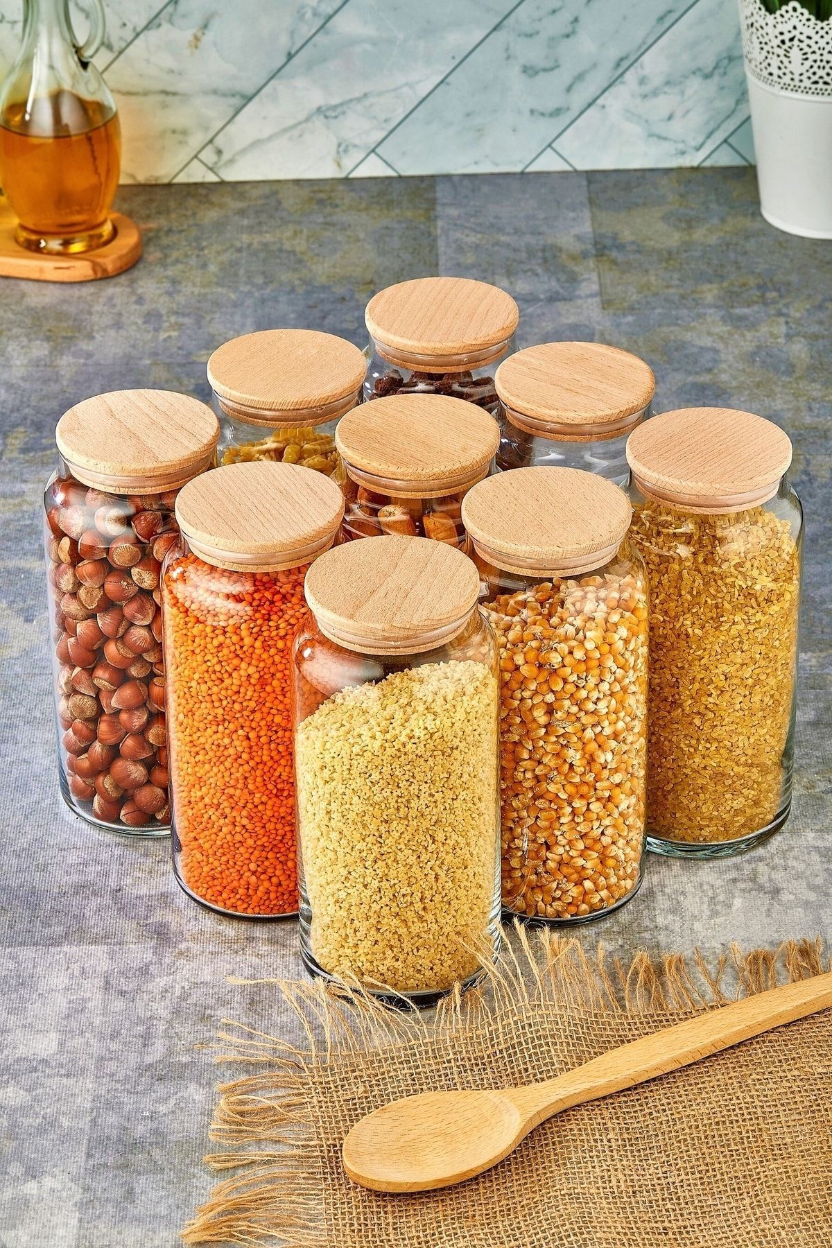FBZhome Ahşap Vakumlu Kapaklı 1,3 Lt Cam Kavanoz 9'lu Set 1300 ml
