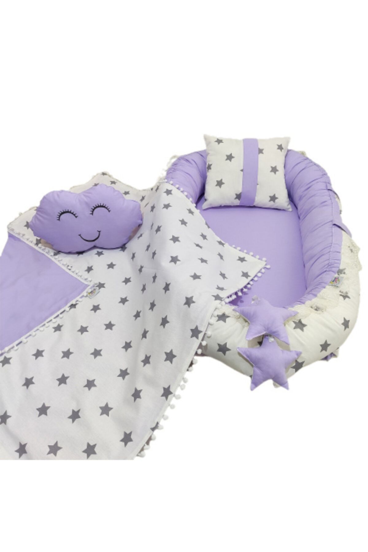 Bebek Atölyesi Beyaz Yıldız Desenli Lila Babynest, Ponpon Battaniye Ve Bulut Yastık