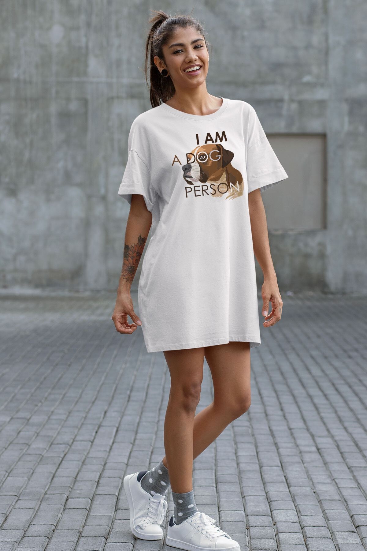 Angemiel Kadın Beyaz Wear I Am A Dog Person Pamuklu T-shirt Elbise