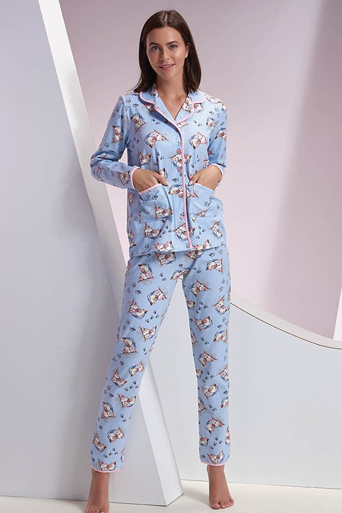 Sevim Kadın Desenli  Düğmeli Pijama Takım
