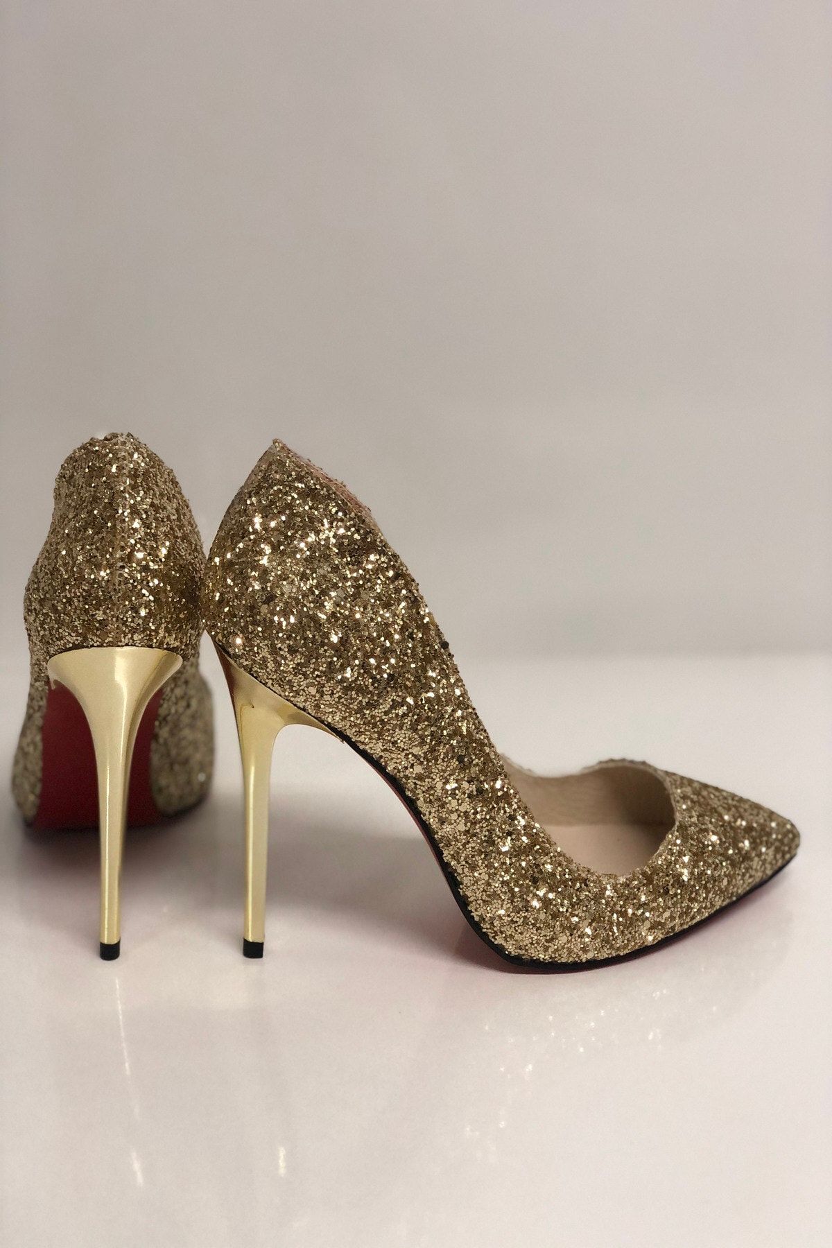 HAYYSHOES Kadın Altın Cam Kırığı Topuklu Ayakkabı