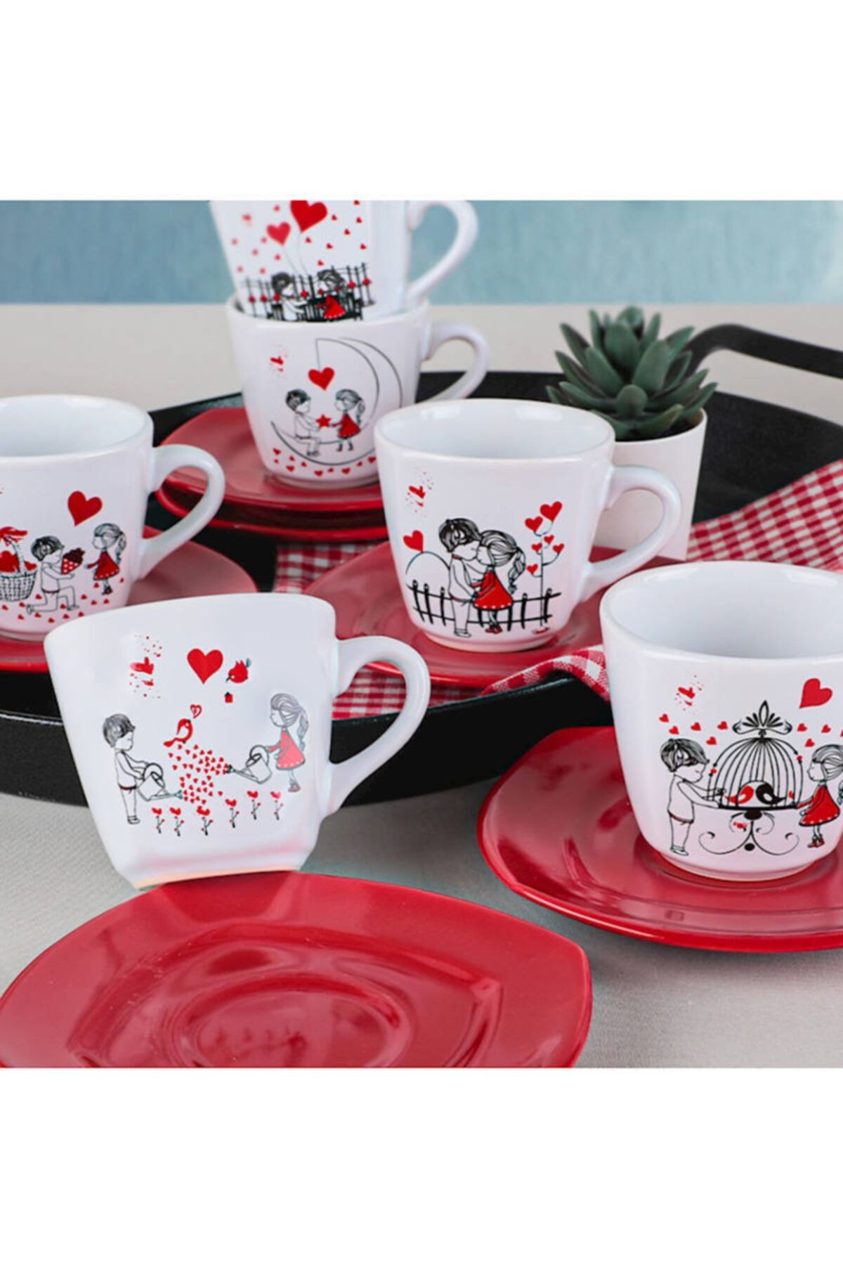 Keramika Kera&Mira Red Love Yeditepe Çay Takımı 12 Parça 6 Kişilik