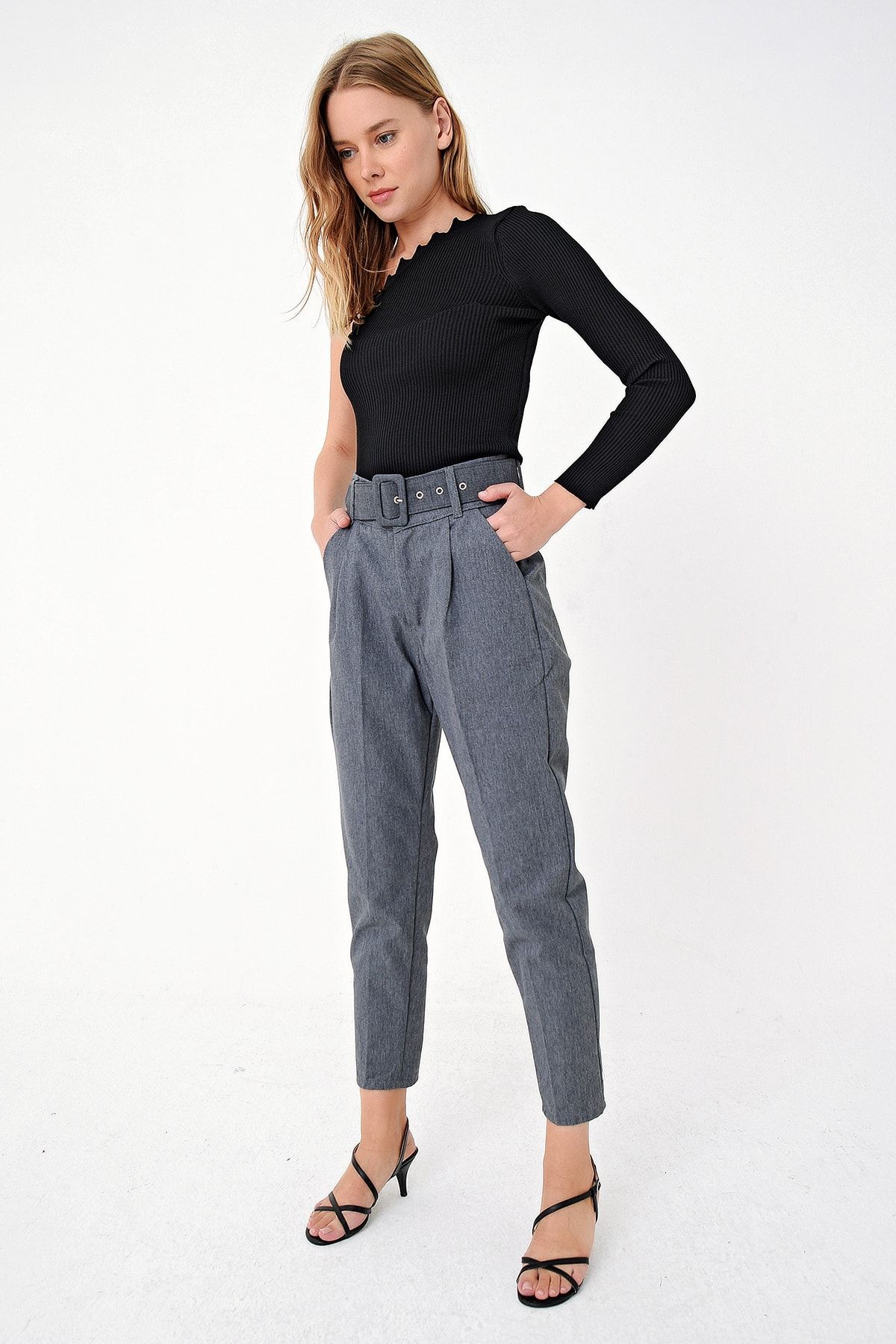 Trend Alaçatı Stili Kadın Antrasit Kemerli Yüksel Bel Gabardın Pantolon ALC-X5005
