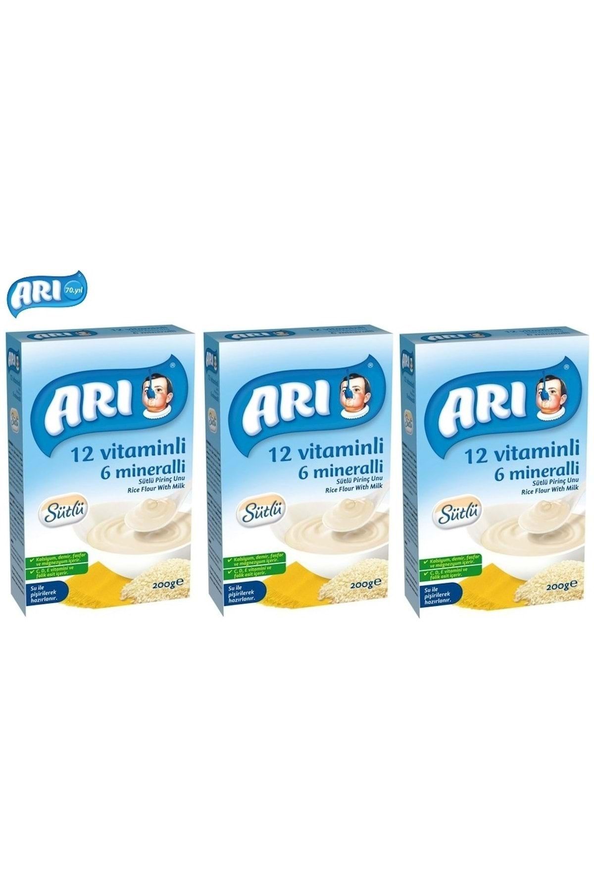 Arı Mama Pirinç Unu 200gr Sütlü 12 Vitaminli 6 Mineralli (3 Lü Set)