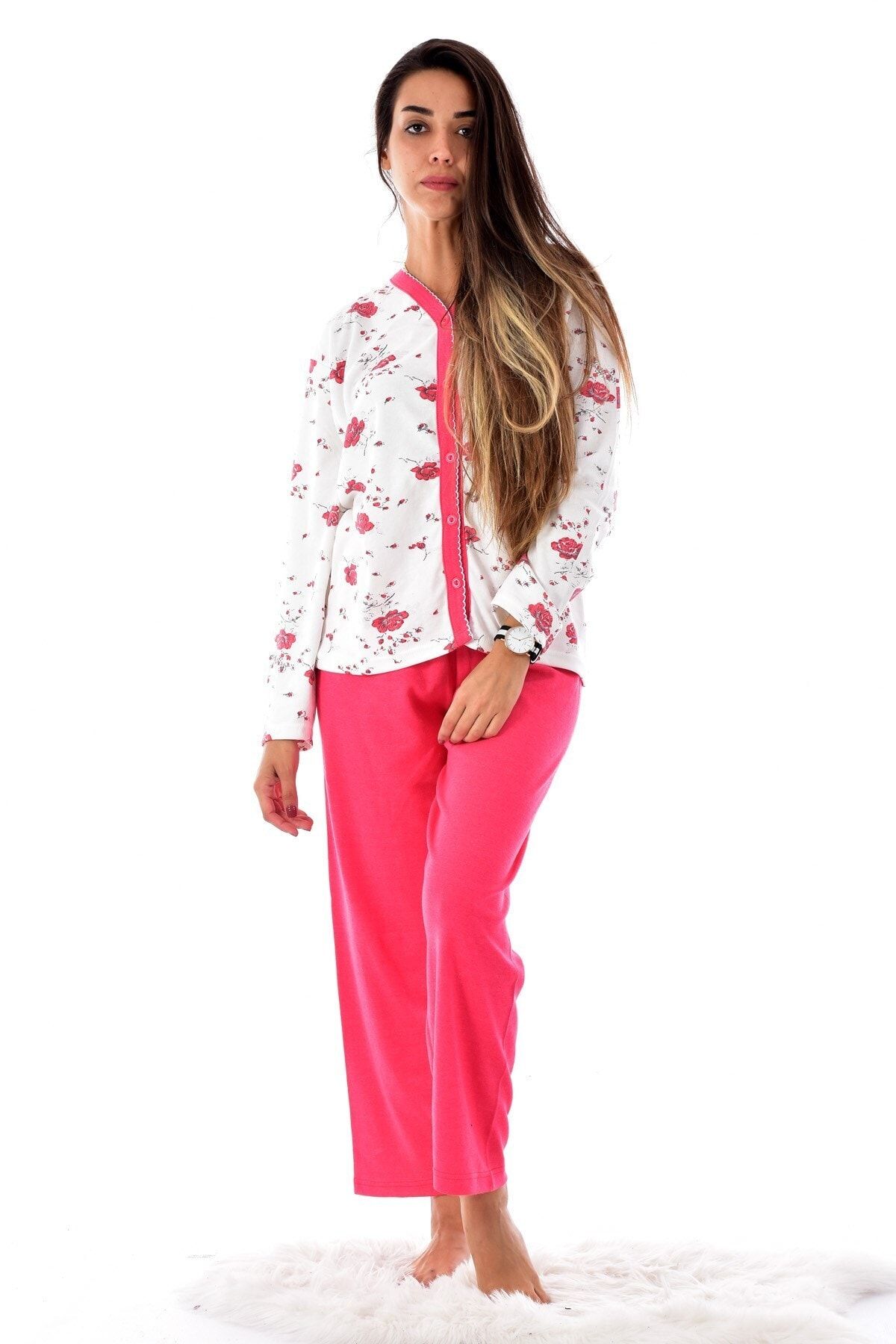Pemilo Kadın 1060 Çiçekli Önden Düğmeli Uzun Kol Pijama Takımı Pembe