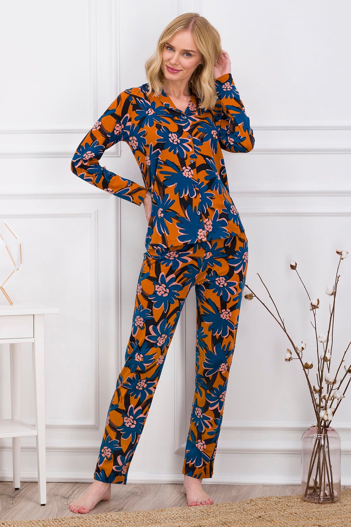 Pierre Cardin Turuncu Kadın Uzun Kol Gömlek Pijama Takımı