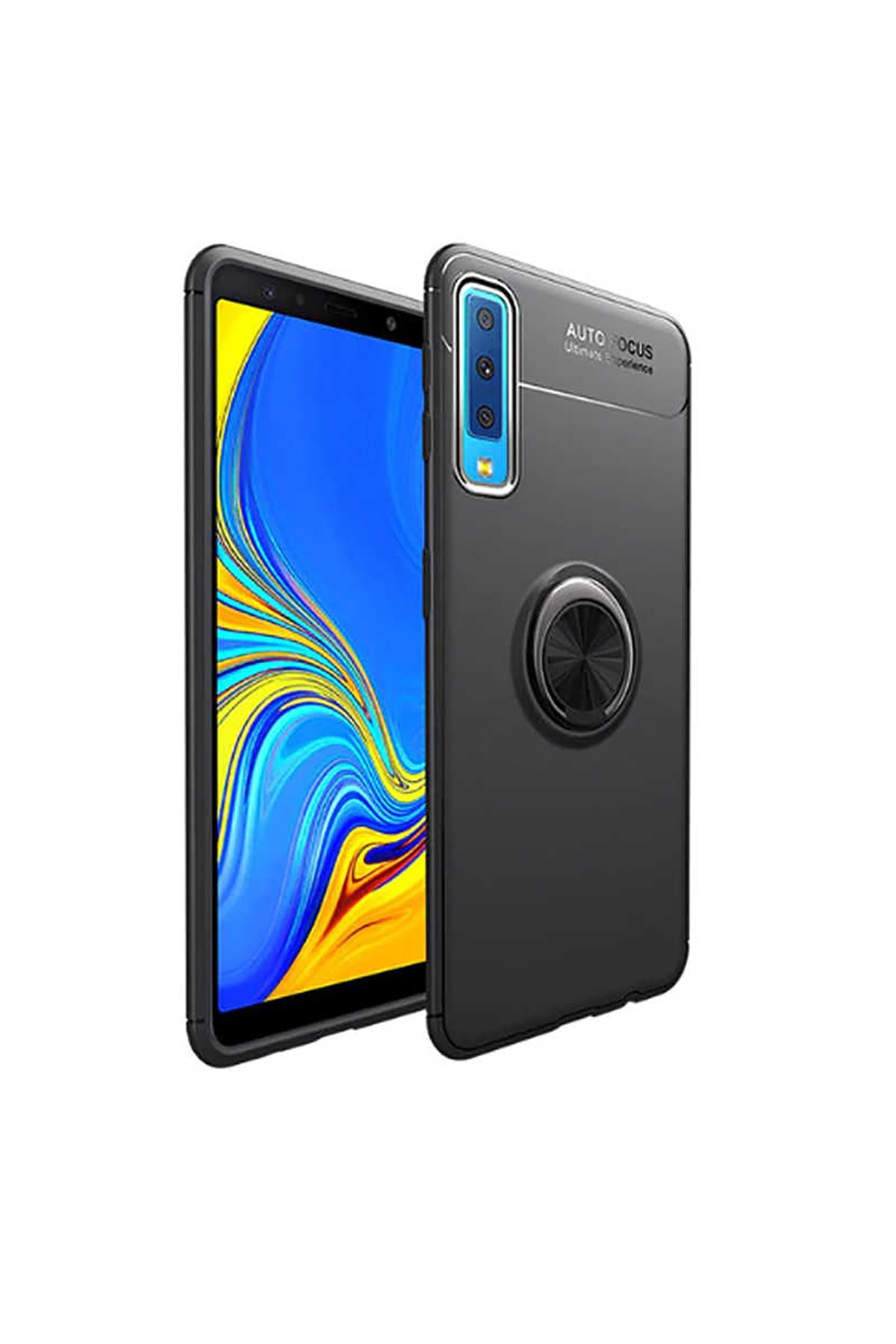 Mobilteam Samsung Galaxy A7 2018 Kılıf Manyetik Yüzüklü Silikon Kapak - Siyah