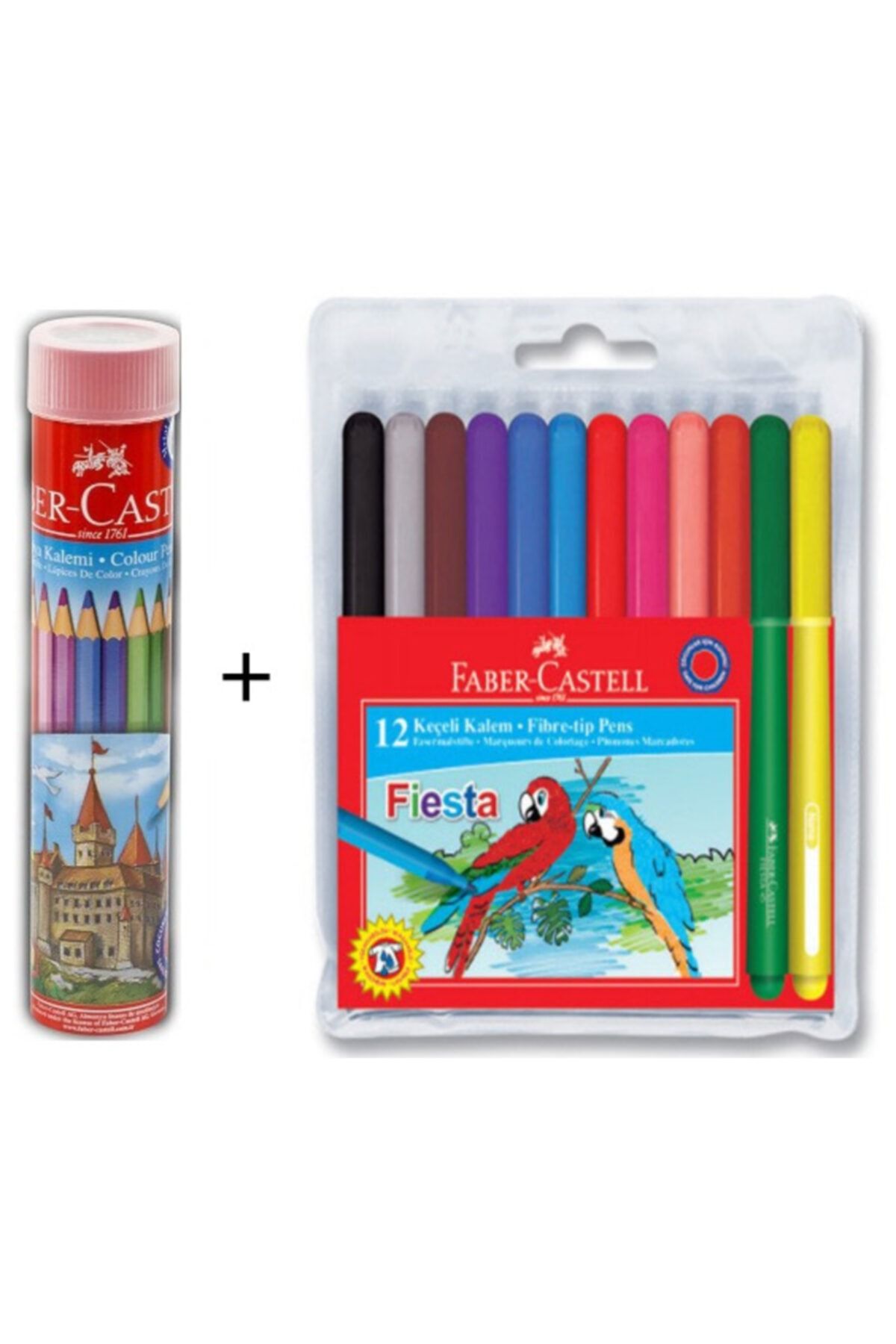 Faber Castell 12 Li Tüp Kuru Boya + Fiesta 12 Renk Keçeli Kalem