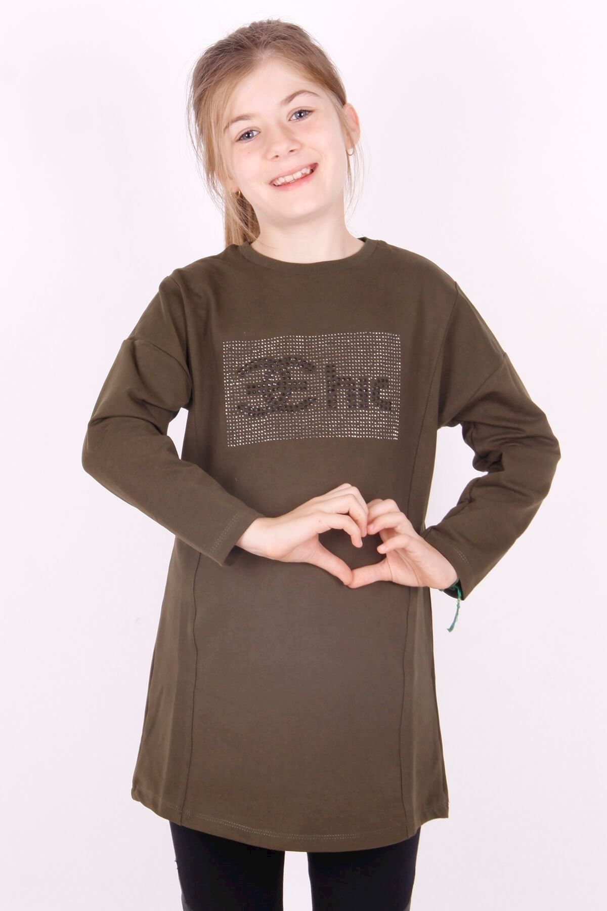 Toontoy Kız Çocuk Haki Chic Yazılı Taş Işlemeli Tunik